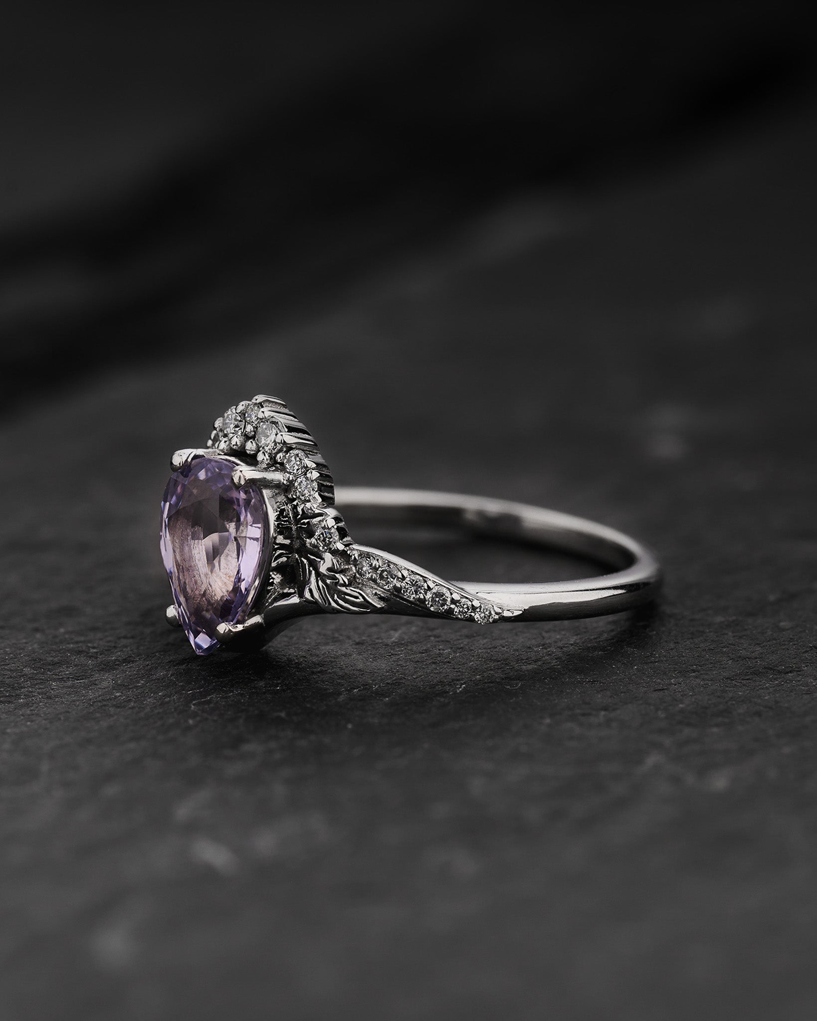 Engagement Ring with Pear-Cut Lavender Sapphire and Nature Motif / Amelia - Eden Garden Jewelry™