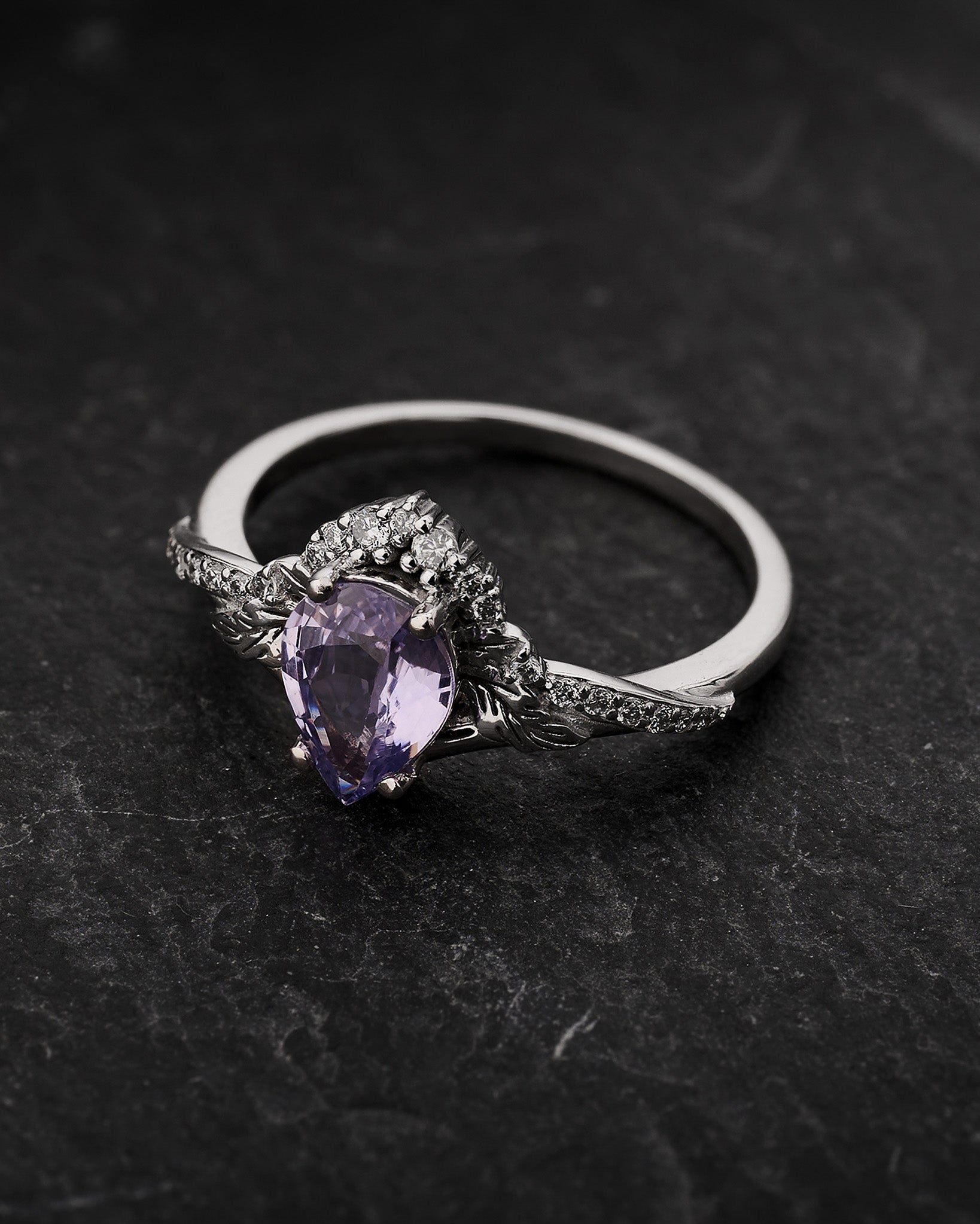 Engagement Ring with Pear-Cut Lavender Sapphire and Nature Motif / Amelia - Eden Garden Jewelry™