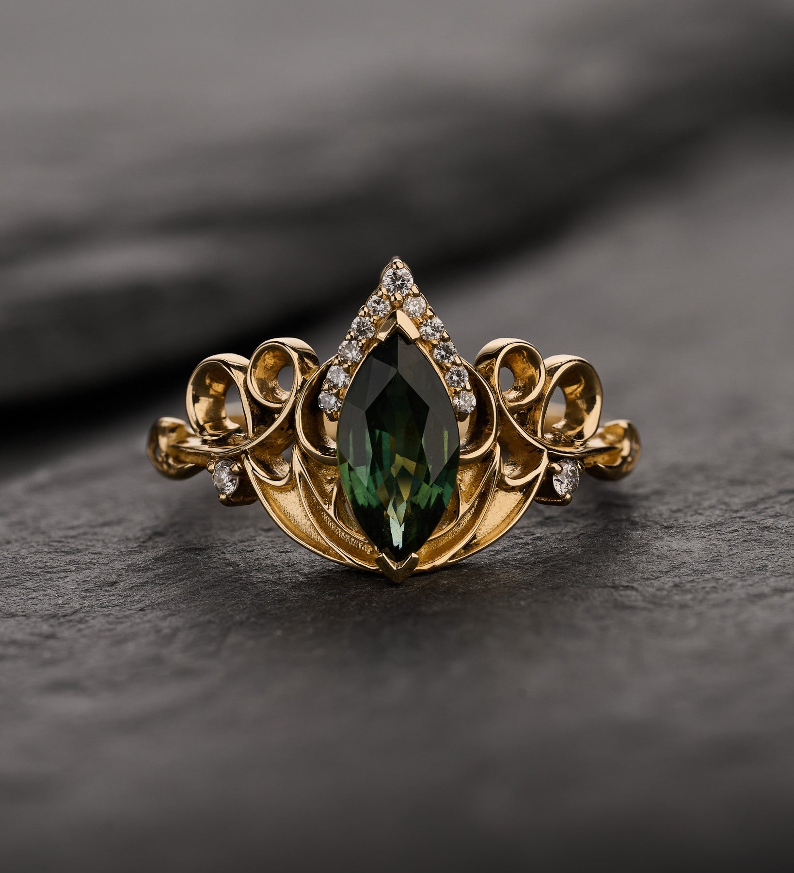Dragon-Themed Engagement Ring With Green Marquise Sapphire / Draco - Eden Garden Jewelry™