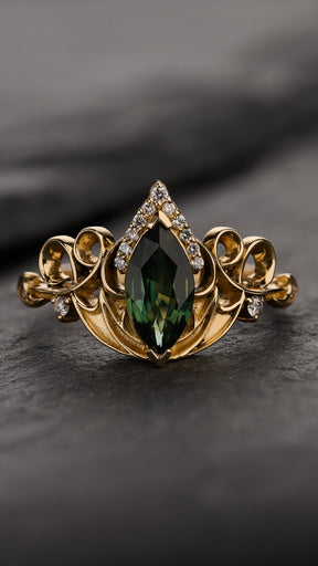 Dragon-Themed Engagement Ring With Green Marquise Sapphire / Draco - Eden Garden Jewelry™