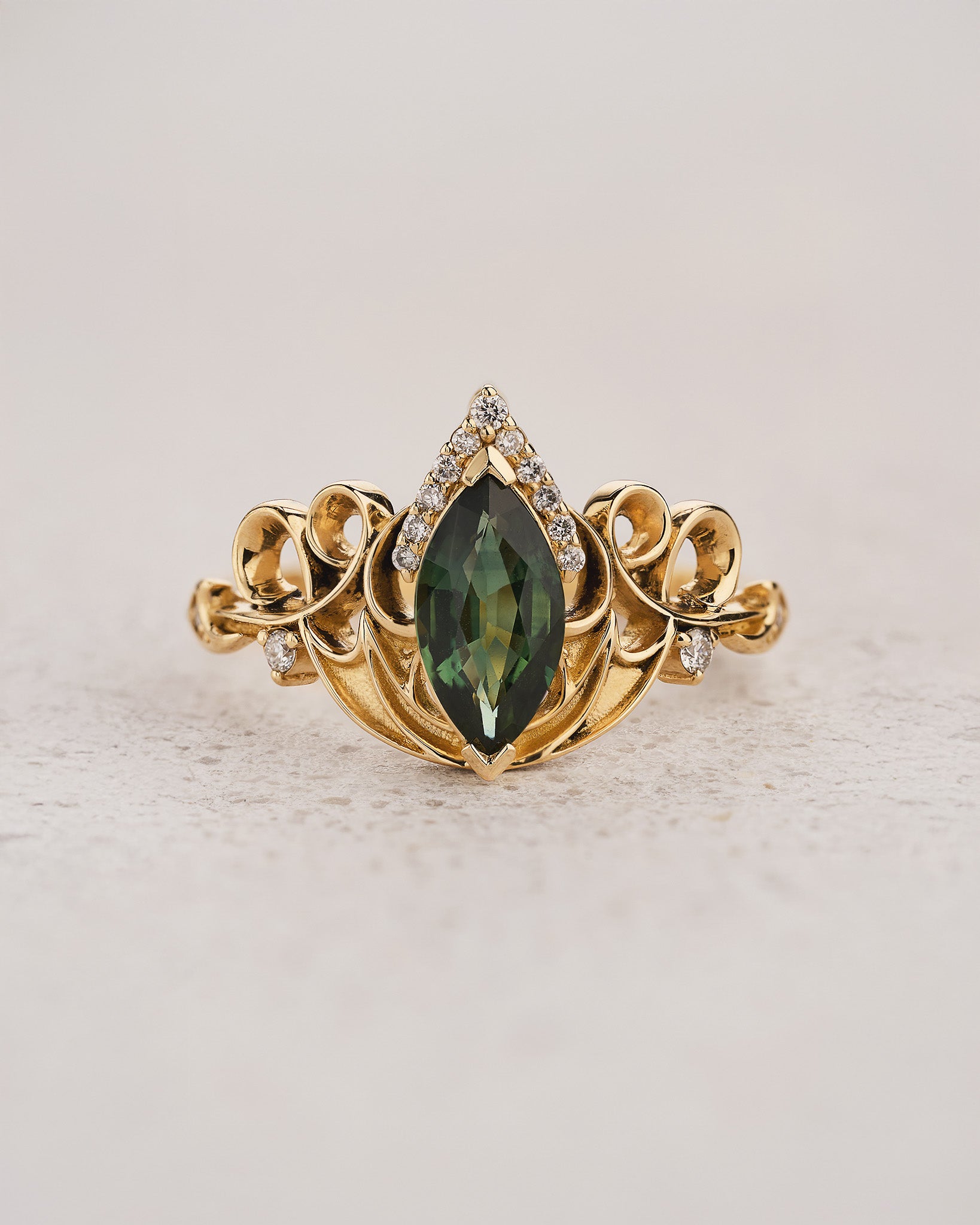 Dragon Inspired Ring Set With Green Marquise Sapphire / Draco - Eden Garden Jewelry™