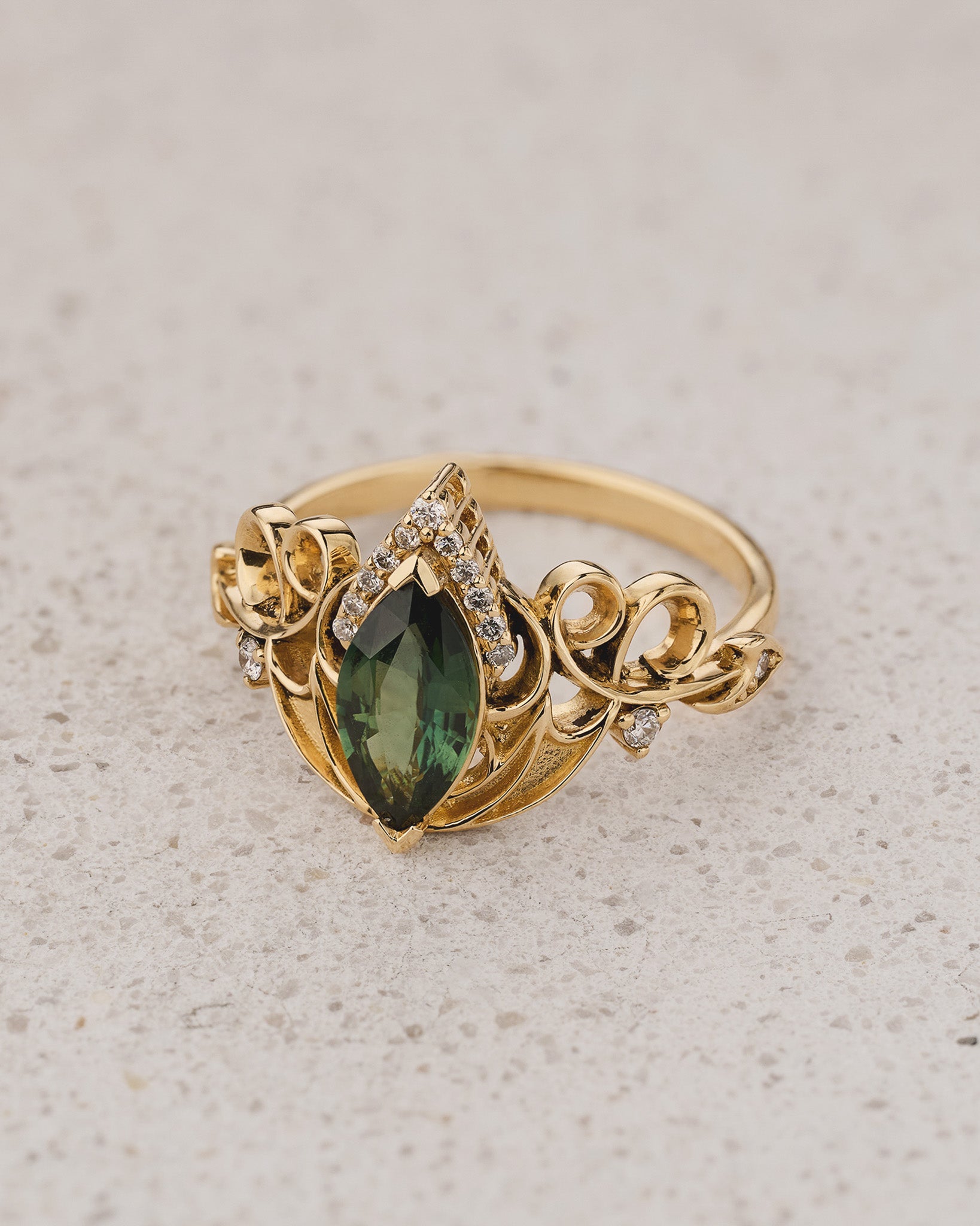 Dragon-Themed Engagement Ring With Green Marquise Sapphire / Draco - Eden Garden Jewelry™