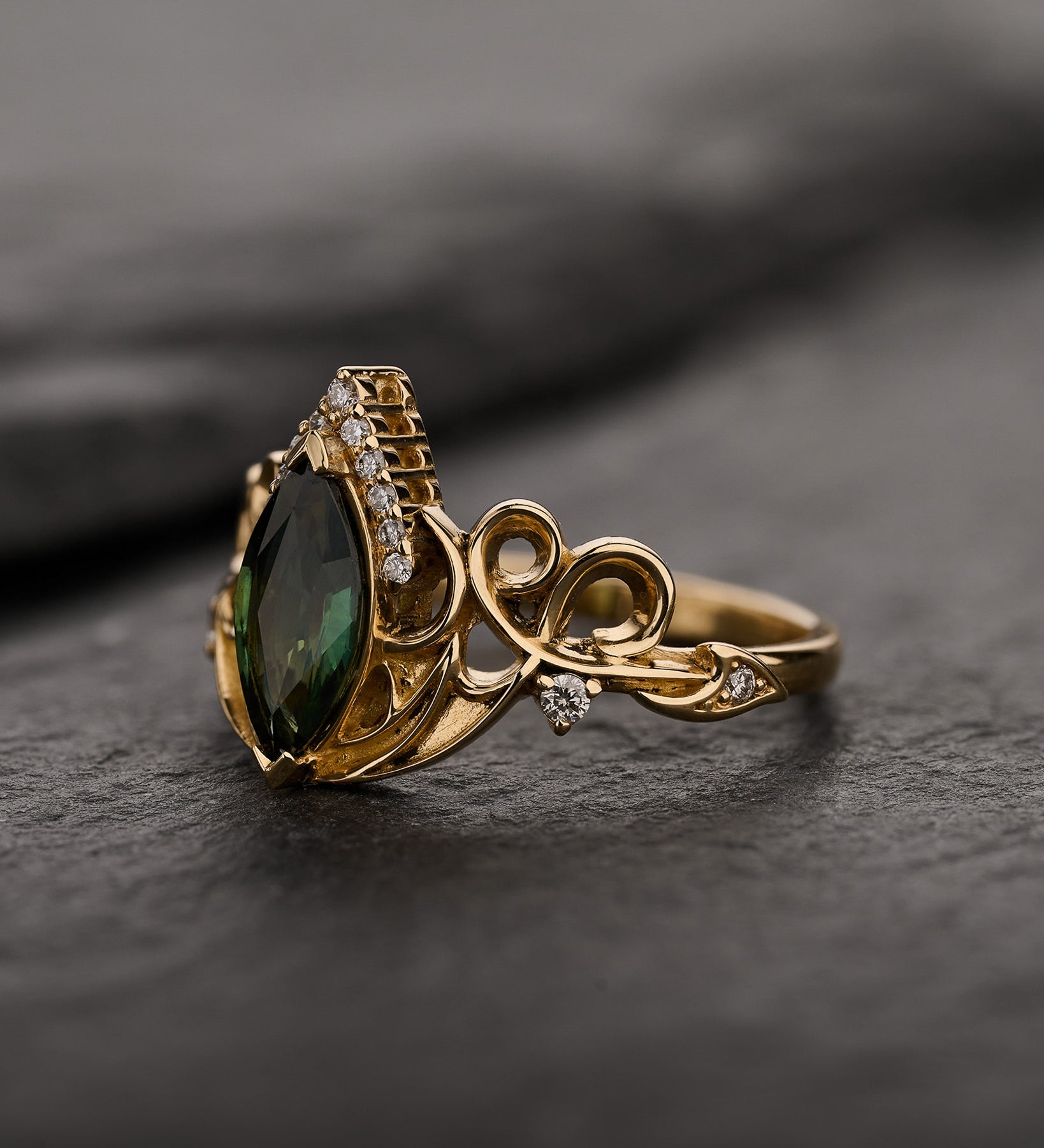 Dragon-Themed Engagement Ring With Green Marquise Sapphire / Draco - Eden Garden Jewelry™