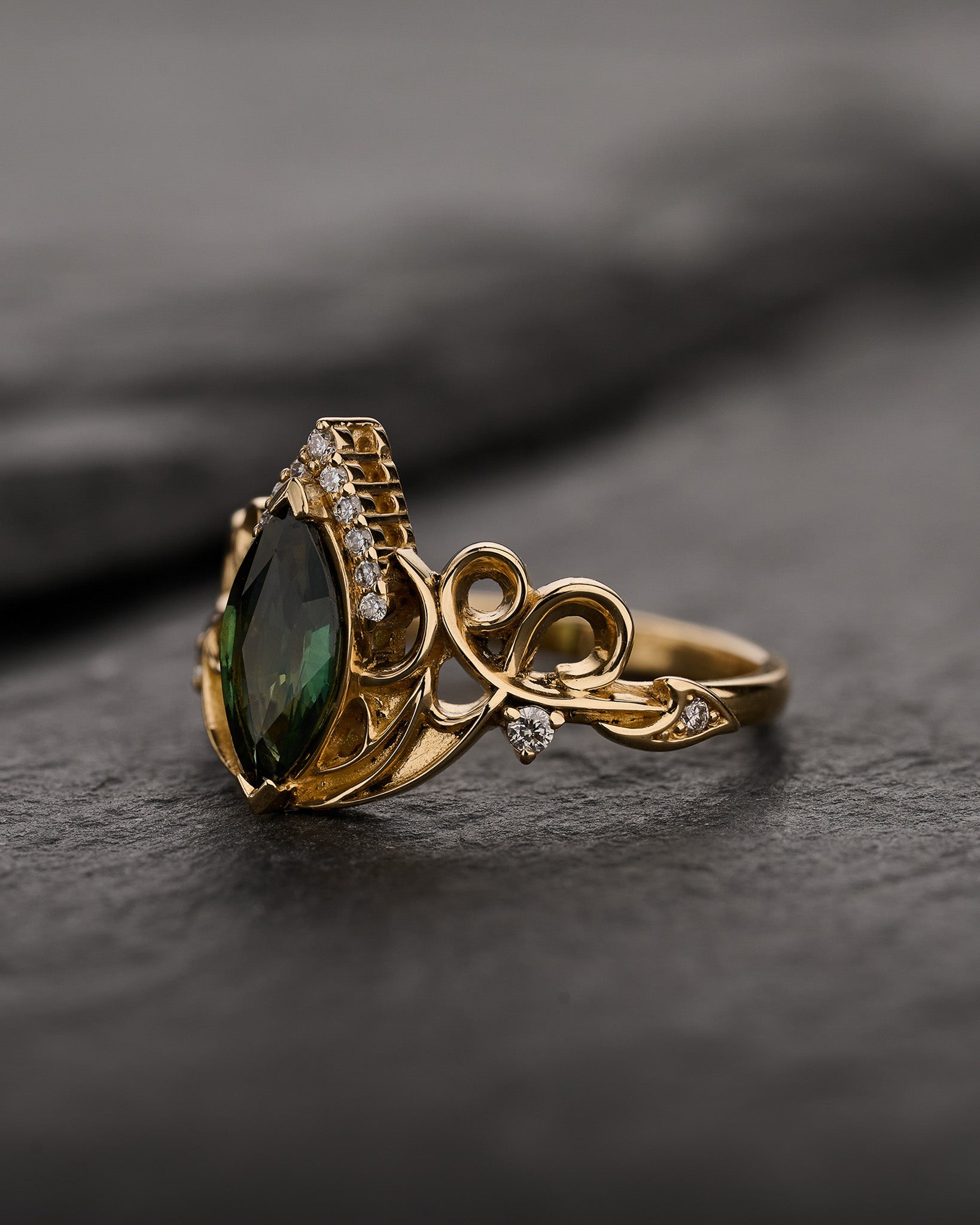 Dragon-Themed Engagement Ring With Green Marquise Sapphire / Draco - Eden Garden Jewelry™