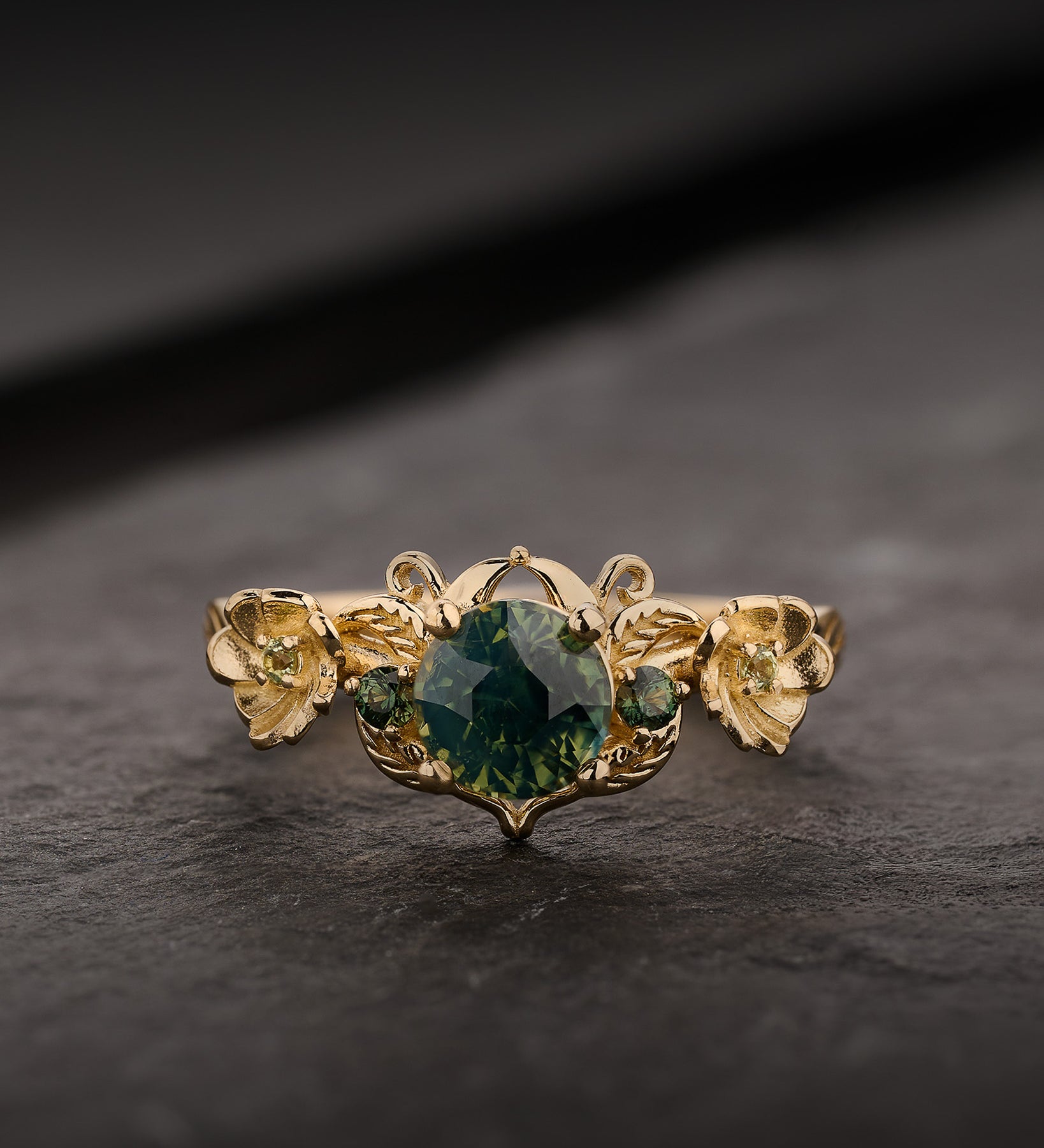 READY TO SHIP Adelina Engagement Ring with Round Green Sapphire and Accent Sapphires, 14K yellow gold, AVAILABLE RING SIZES: 5.5 - 8.5 US - Eden Garden Jewelry™