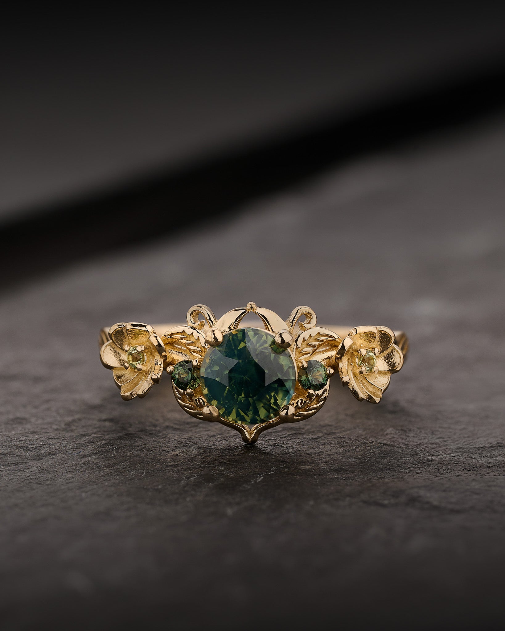 READY TO SHIP Adelina Engagement Ring with Round Green Sapphire and Accent Sapphires, 14K yellow gold, AVAILABLE RING SIZES: 5.5 - 8.5 US - Eden Garden Jewelry™