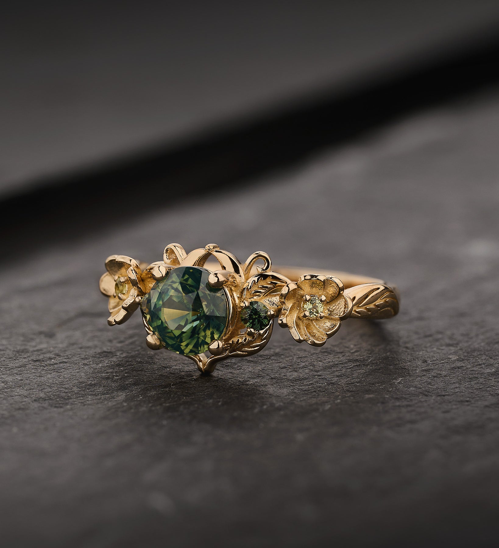 READY TO SHIP Adelina Engagement Ring with Round Green Sapphire and Accent Sapphires, 14K yellow gold, AVAILABLE RING SIZES: 5.5 - 8.5 US - Eden Garden Jewelry™