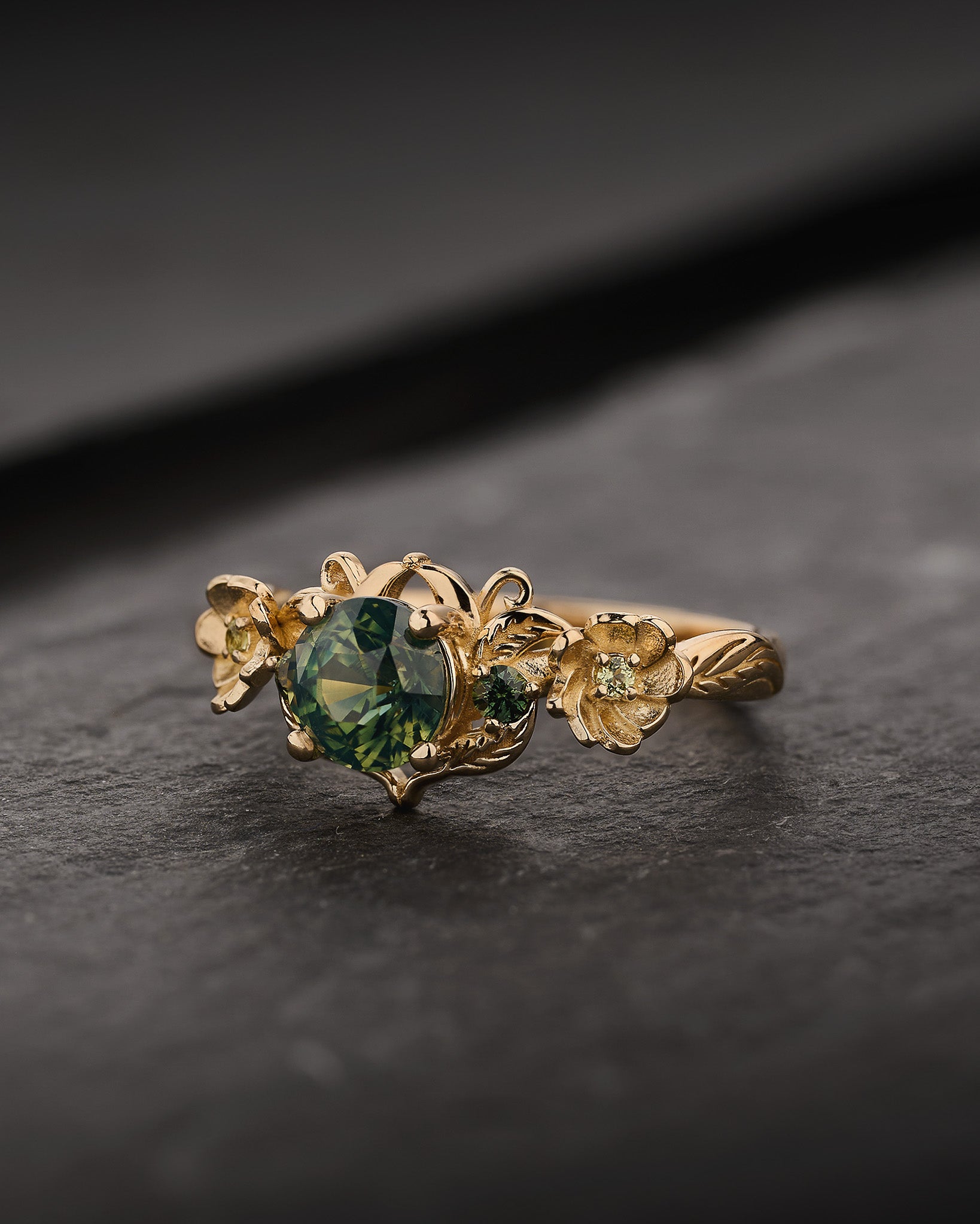 READY TO SHIP Adelina Engagement Ring with Round Green Sapphire and Accent Sapphires, 14K yellow gold, AVAILABLE RING SIZES: 5.5 - 8.5 US - Eden Garden Jewelry™