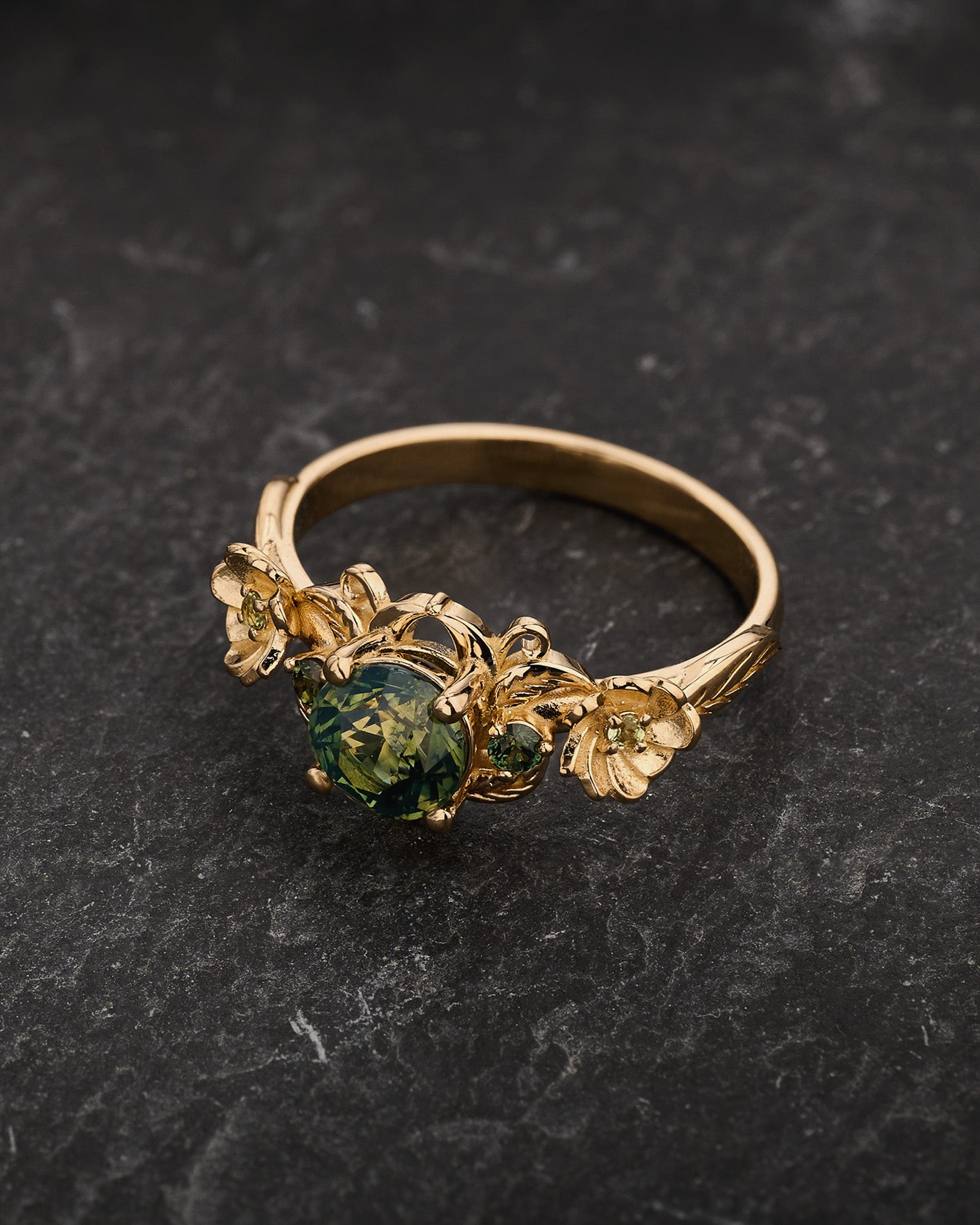 READY TO SHIP Adelina Engagement Ring with Round Green Sapphire and Accent Sapphires, 14K yellow gold, AVAILABLE RING SIZES: 5.5 - 8.5 US - Eden Garden Jewelry™