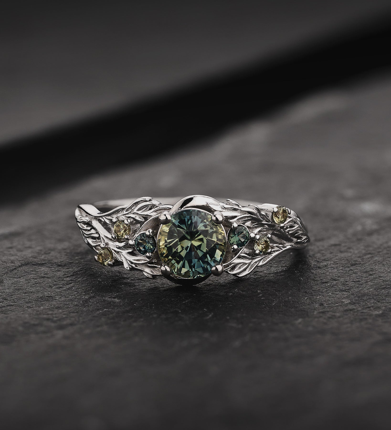READY TO SHIP Japanese Maple Engagement Ring with Round Teal Sapphire and Accent Sapphires, 14K white gold, RING SIZES 5.5 - 8.5 US - Eden Garden Jewelry™