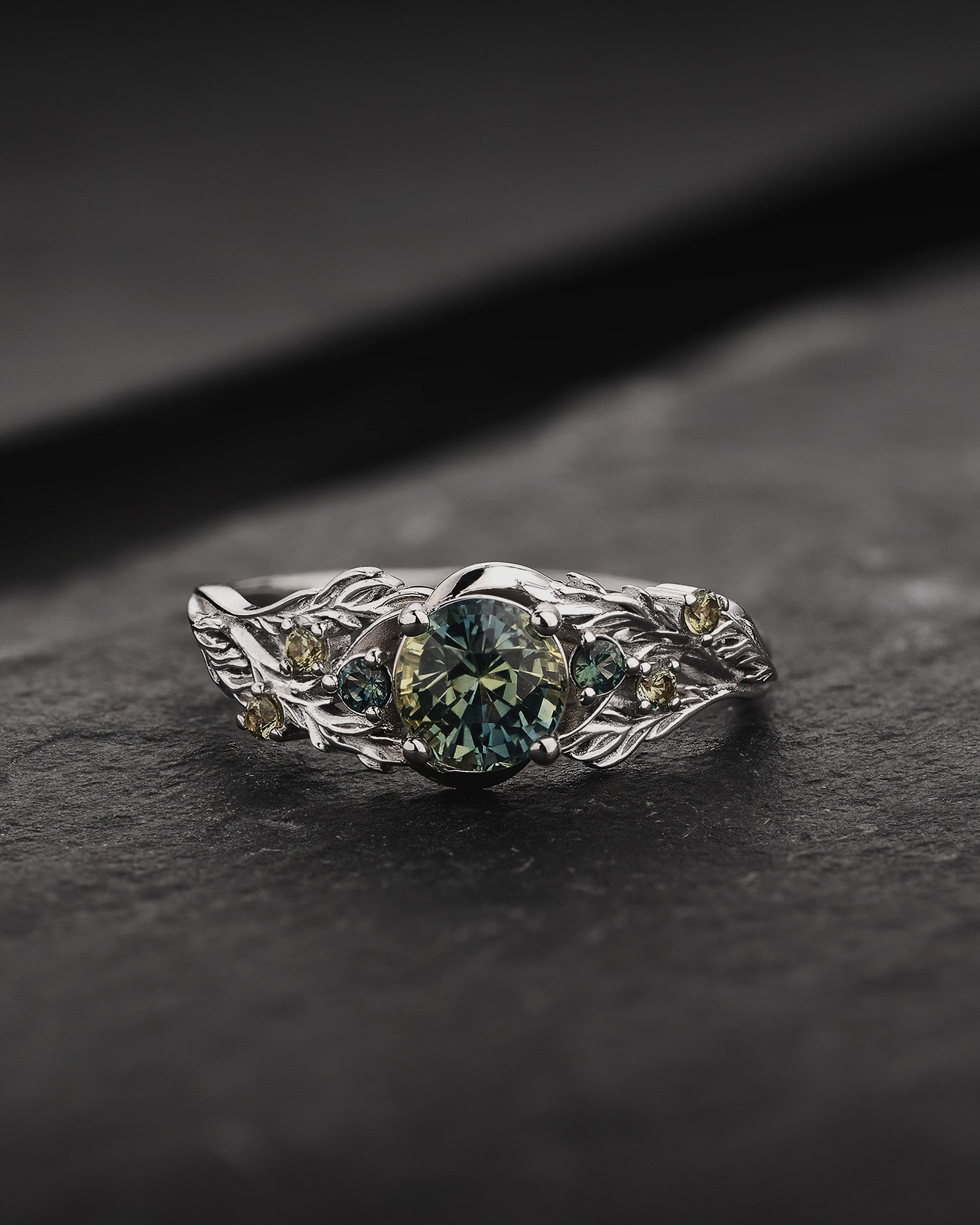 READY TO SHIP Japanese Maple Engagement Ring with Round Teal Sapphire and Accent Sapphires, 14K white gold, RING SIZES 5.5 - 8.5 US - Eden Garden Jewelry™
