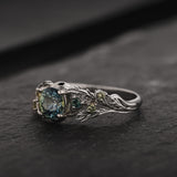 READY TO SHIP Japanese Maple Engagement Ring with Round Teal Sapphire and Accent Sapphires, 14K white gold, RING SIZES 5.5 - 8.5 US - Eden Garden Jewelry™