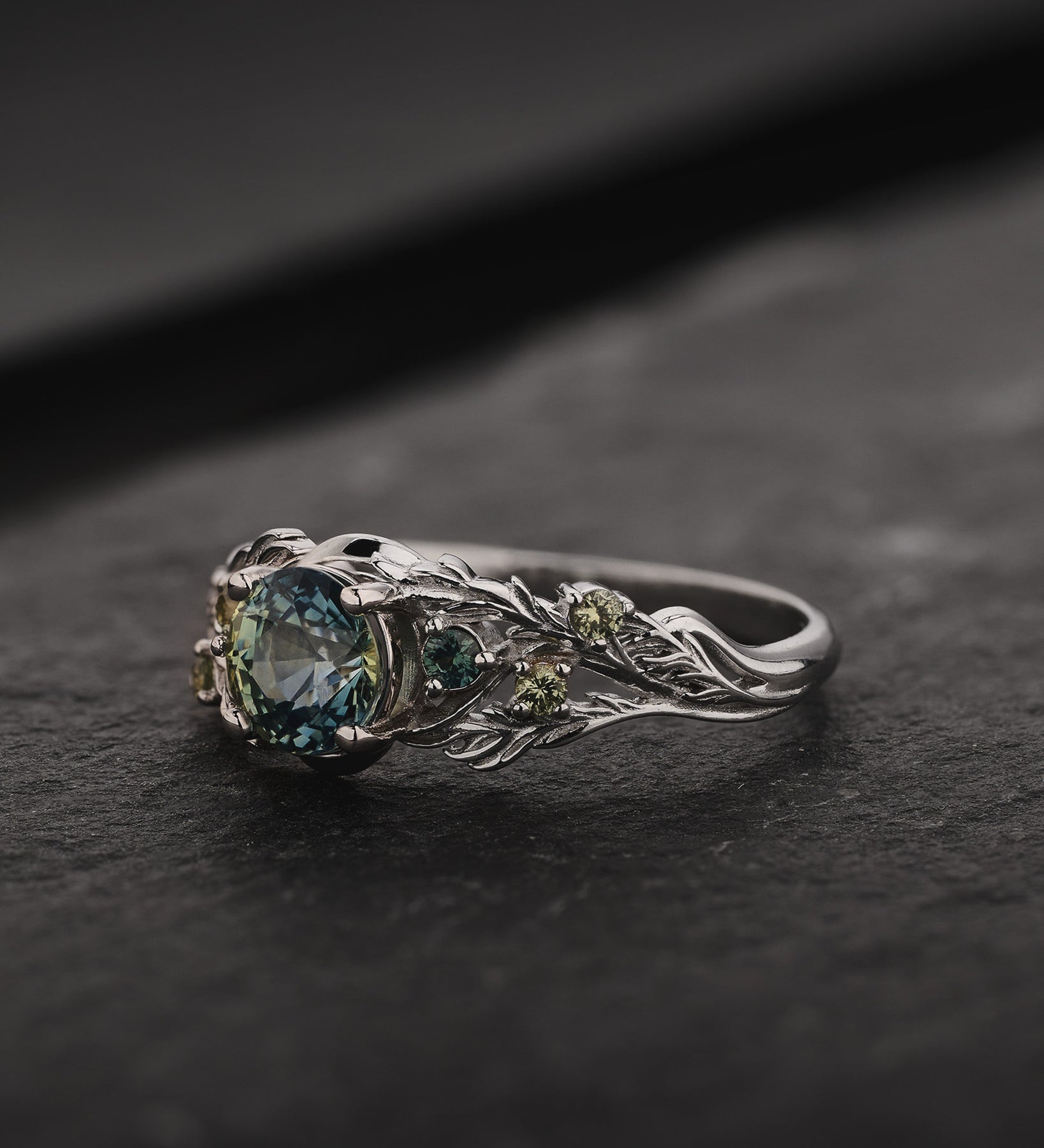 READY TO SHIP Japanese Maple Engagement Ring with Round Teal Sapphire and Accent Sapphires, 14K white gold, RING SIZES 5.5 - 8.5 US - Eden Garden Jewelry™