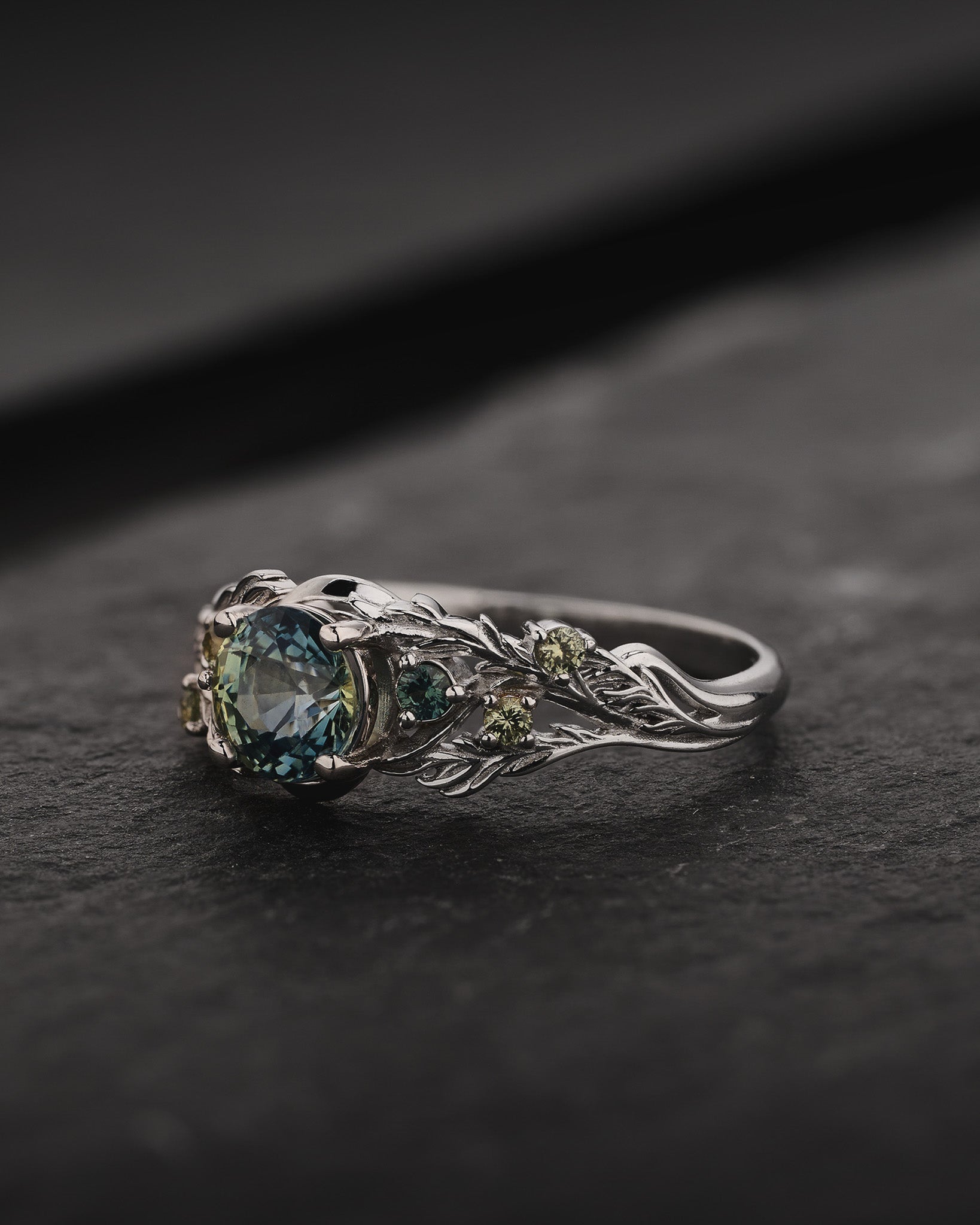 READY TO SHIP Japanese Maple Engagement Ring with Round Teal Sapphire and Accent Sapphires, 14K white gold, RING SIZES 5.5 - 8.5 US - Eden Garden Jewelry™