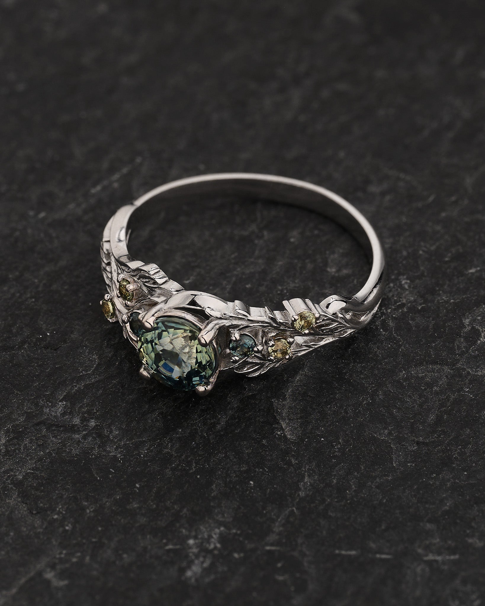 READY TO SHIP Japanese Maple Engagement Ring with Round Teal Sapphire and Accent Sapphires, 14K white gold, RING SIZES 5.5 - 8.5 US - Eden Garden Jewelry™