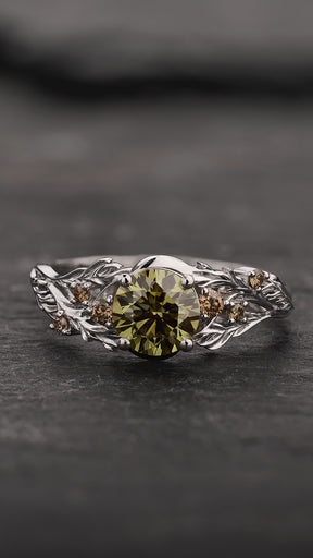 Engagement Ring with Round Fancy Vivid Green Diamond (Lab-Grown) in Forest Style / Japanese Maple - Eden Garden Jewelry™