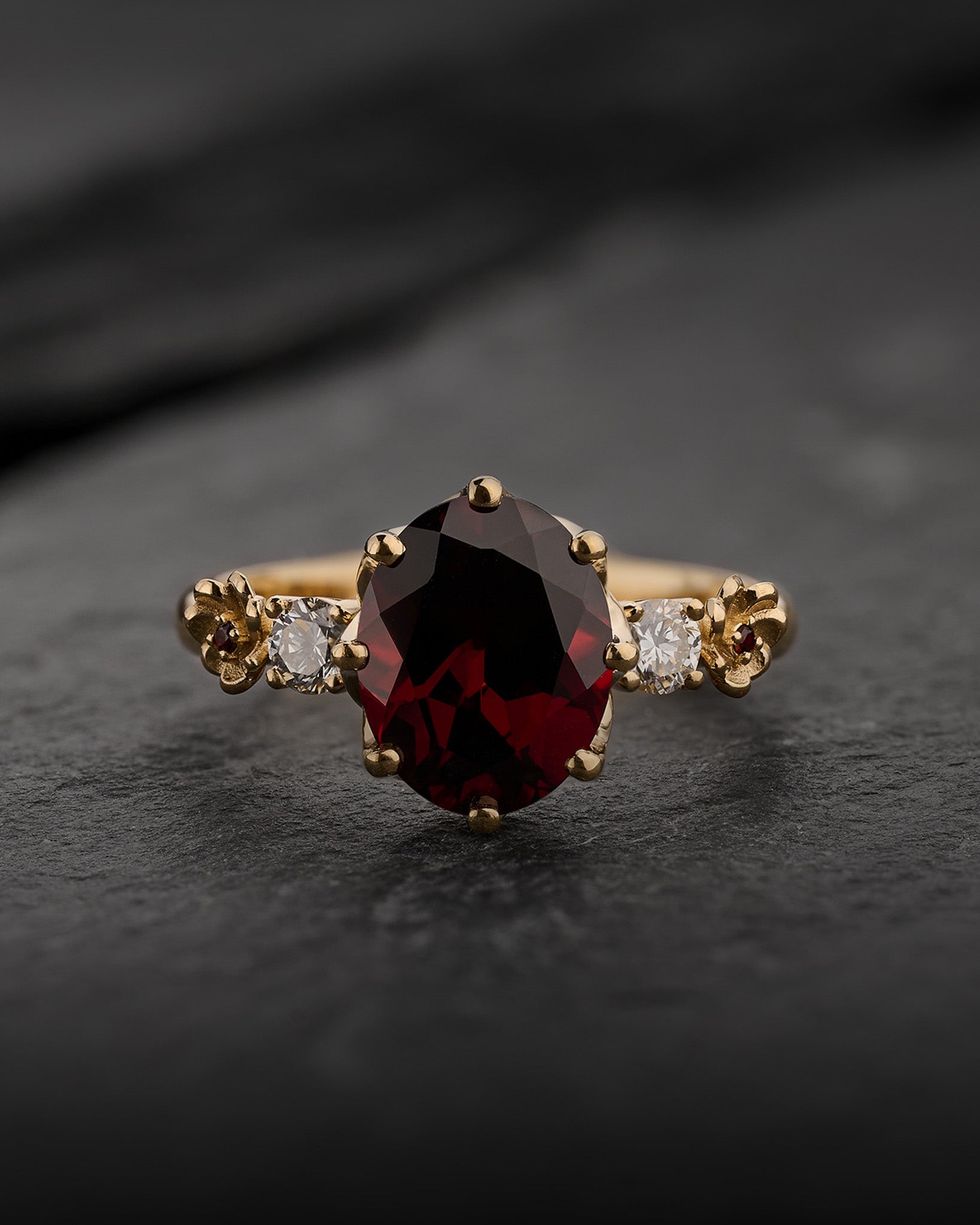 READY TO SHIP Fiorella Floral Engagement Ring with Oval Red Garnet, Accent Diamonds and Garnets, 14K yellow gold, RING SIZES 5.5 - 8.5 US - Eden Garden Jewelry™