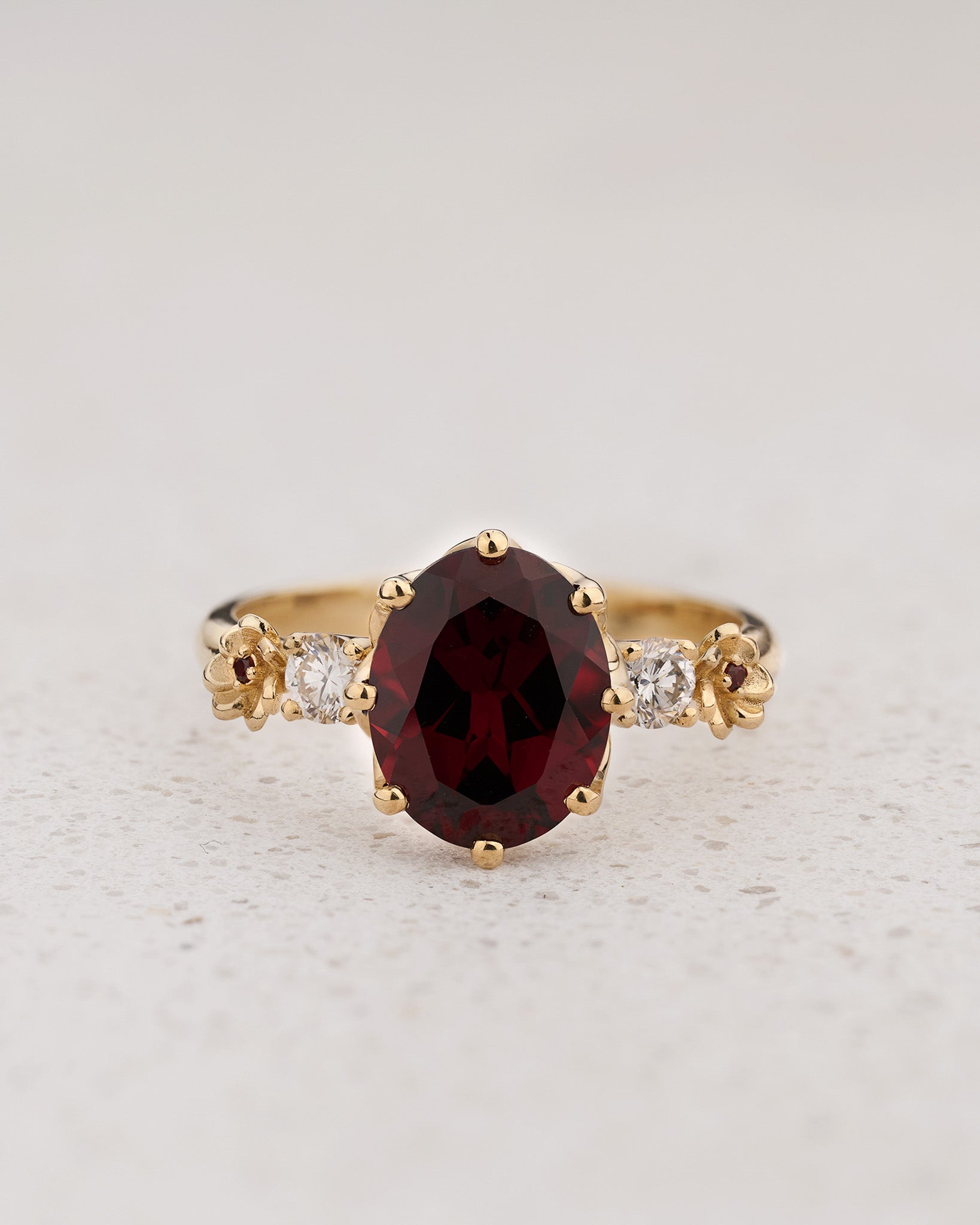 READY TO SHIP Fiorella Floral Engagement Ring with Oval Red Garnet, Accent Diamonds and Garnets, 14K yellow gold, RING SIZES 5.5 - 8.5 US - Eden Garden Jewelry™