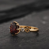 READY TO SHIP Fiorella Floral Engagement Ring with Oval Red Garnet, Accent Diamonds and Garnets, 14K yellow gold, RING SIZES 5.5 - 8.5 US - Eden Garden Jewelry™