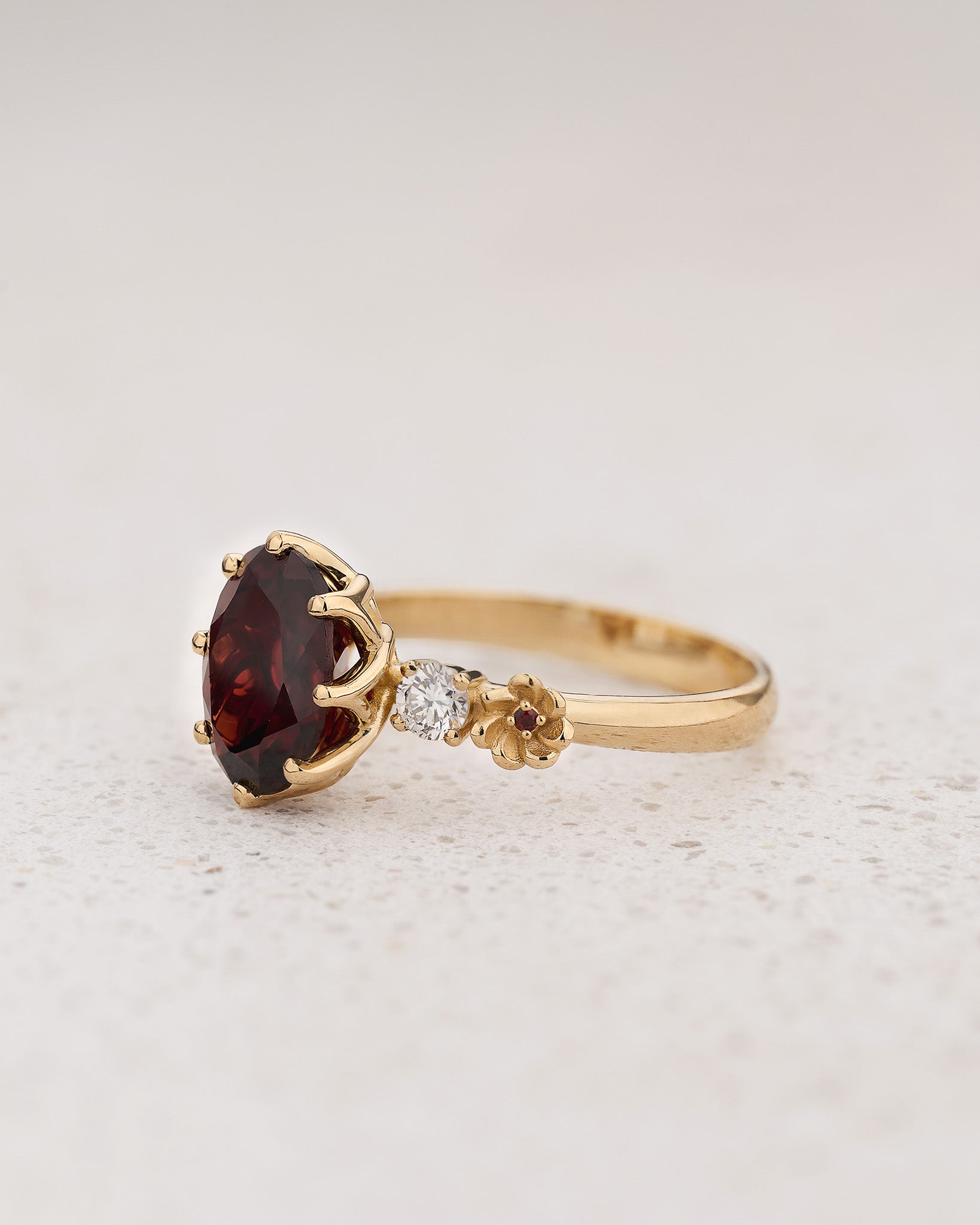 READY TO SHIP Fiorella Floral Engagement Ring with Oval Red Garnet, Accent Diamonds and Garnets, 14K yellow gold, RING SIZES 5.5 - 8.5 US - Eden Garden Jewelry™