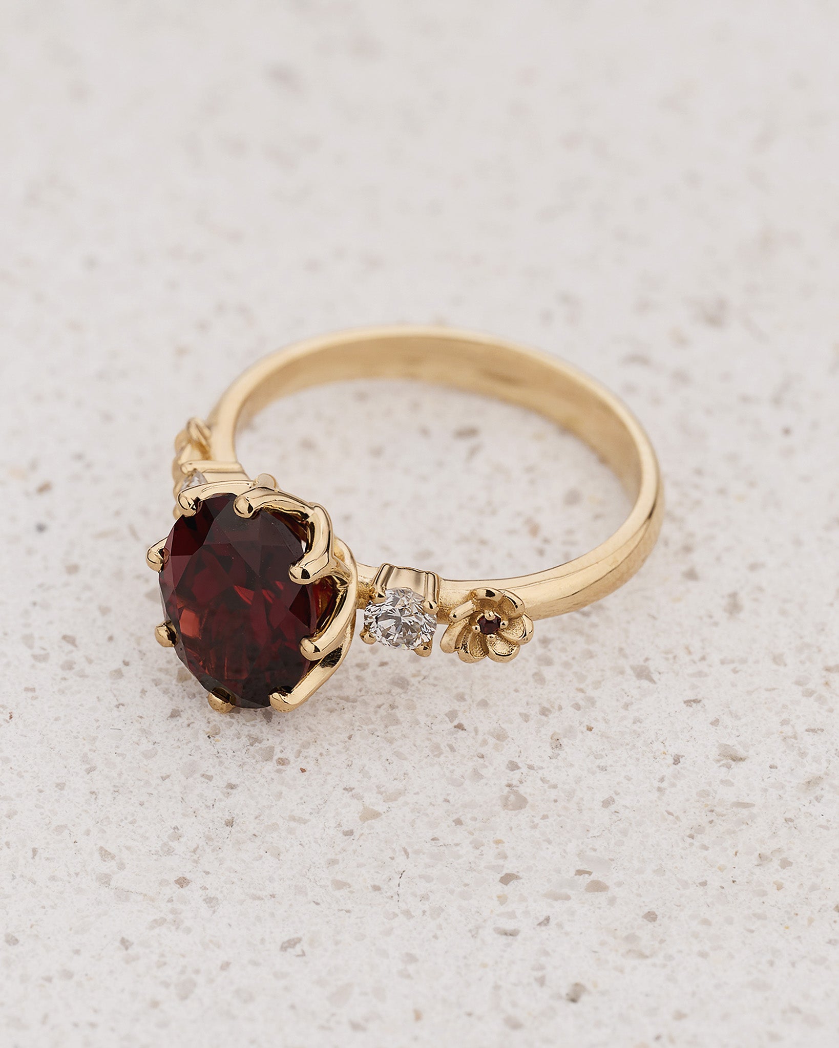 READY TO SHIP Fiorella Floral Engagement Ring with Oval Red Garnet, Accent Diamonds and Garnets, 14K yellow gold, RING SIZES 5.5 - 8.5 US - Eden Garden Jewelry™