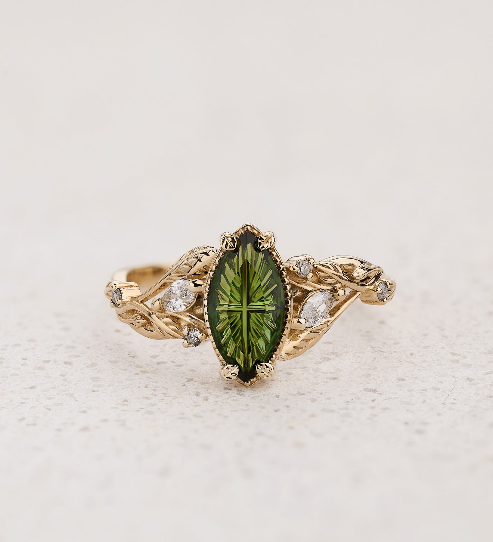 Nature-inspired Engagement Ring with Marquise Fantasy-Cut Green Tourmaline / Patricia - Eden Garden Jewelry™