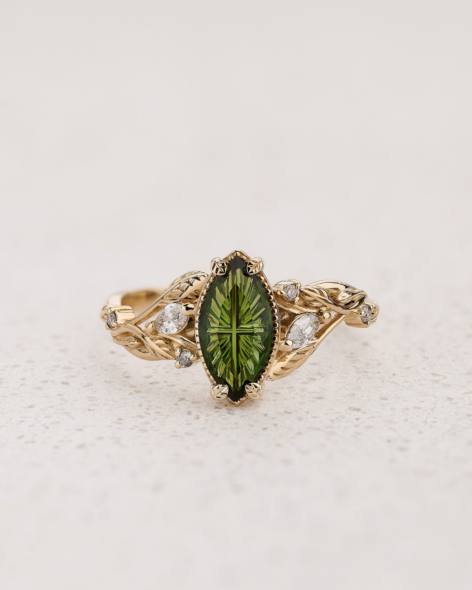 Nature-inspired Engagement Ring with Marquise Fantasy-Cut Green Tourmaline / Patricia - Eden Garden Jewelry™