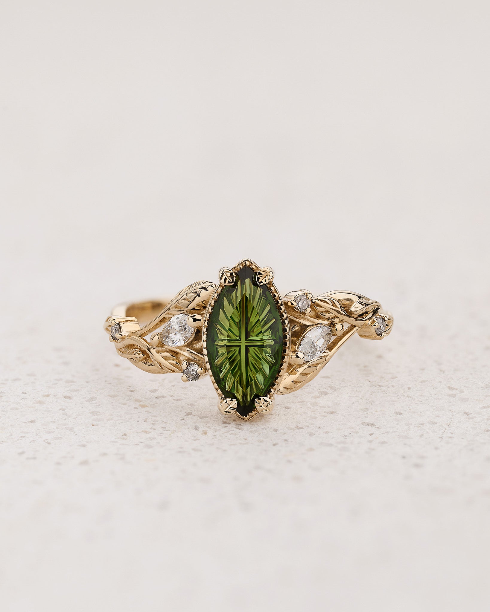 Nature-inspired Engagement Ring with Marquise Fantasy-Cut Green Tourmaline / Patricia - Eden Garden Jewelry™