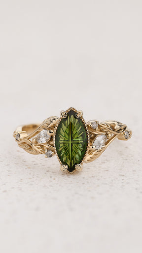 Nature-inspired Engagement Ring with Marquise Fantasy-Cut Green Tourmaline / Patricia - Eden Garden Jewelry™