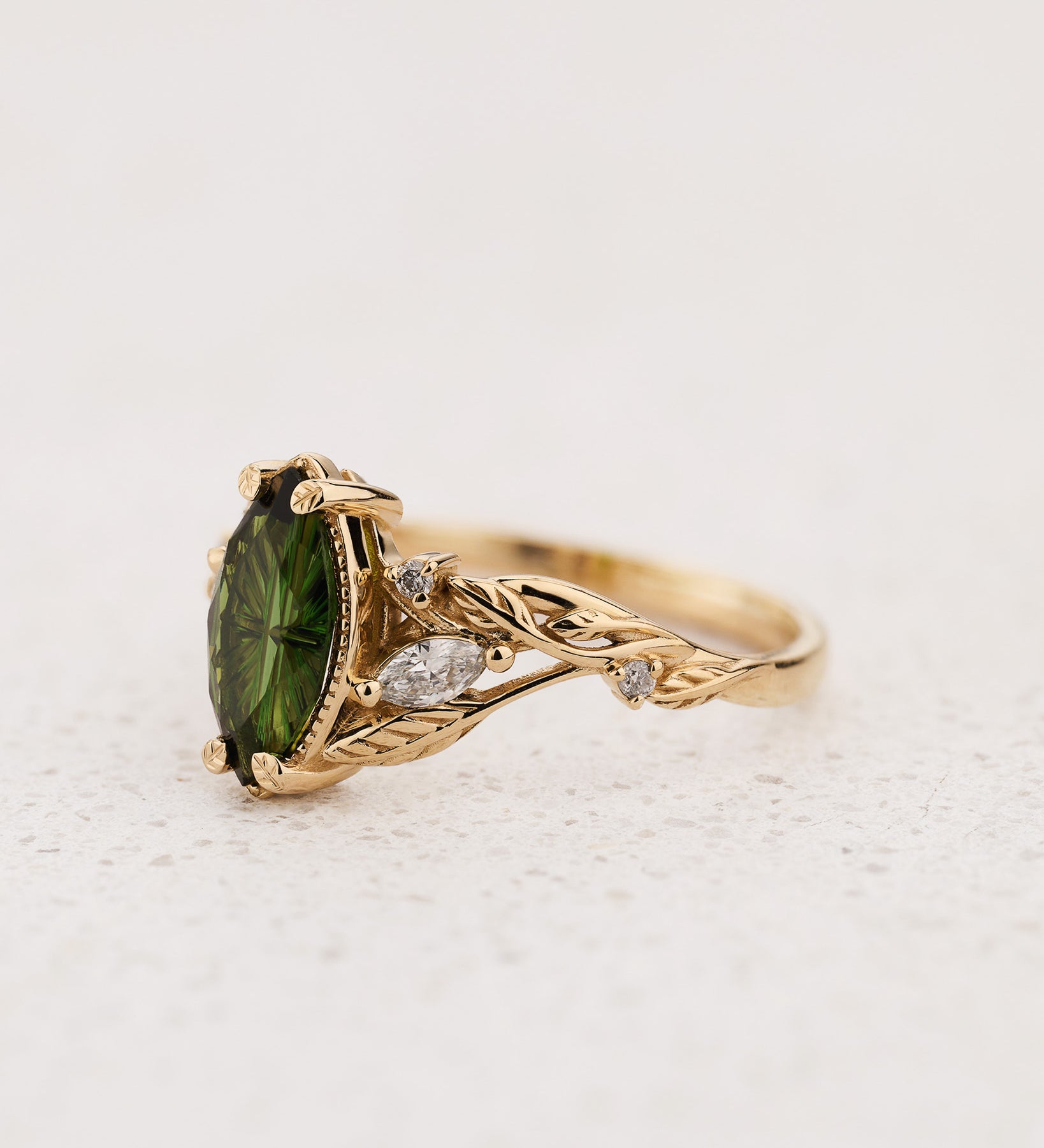 Nature-inspired Engagement Ring with Marquise Fantasy-Cut Green Tourmaline / Patricia - Eden Garden Jewelry™