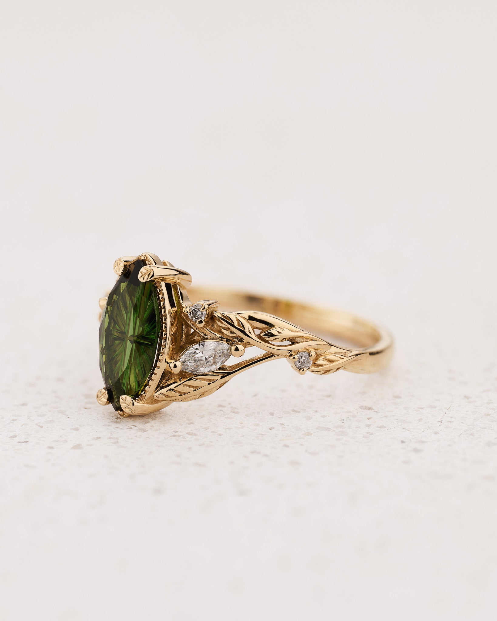 Nature-inspired Engagement Ring with Marquise Fantasy-Cut Green Tourmaline / Patricia - Eden Garden Jewelry™