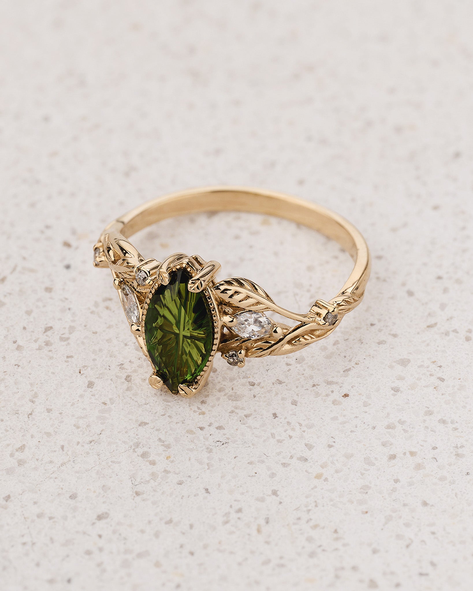 Nature-inspired Engagement Ring with Marquise Fantasy-Cut Green Tourmaline / Patricia - Eden Garden Jewelry™