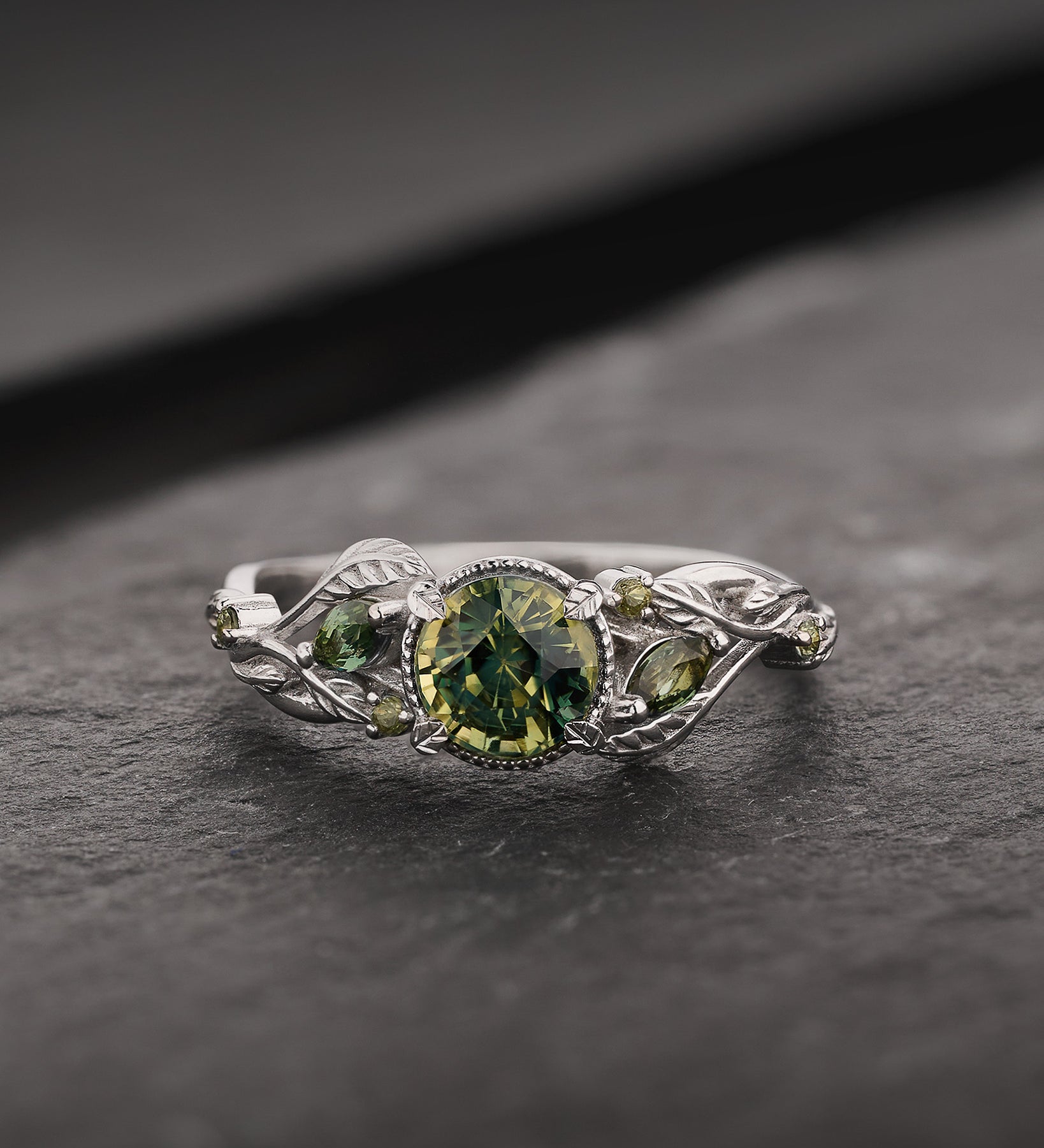READY TO SHIP Patricia Engagement Ring with Round Parti Sapphire and Accent Sapphires, 14K white gold, AVAILABLE RING SIZES: 5.5 - 8.5 US - Eden Garden Jewelry™