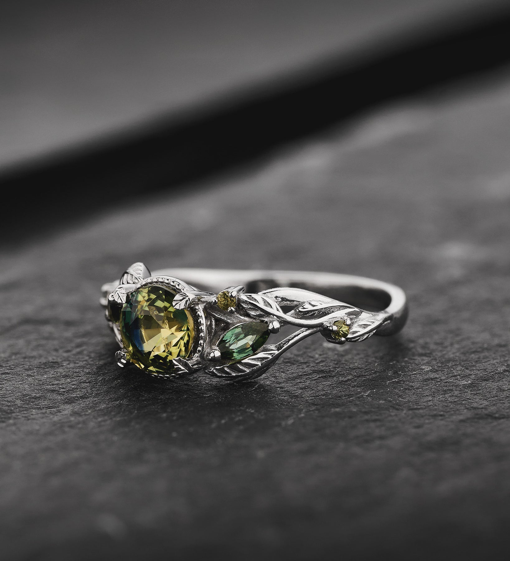 READY TO SHIP Patricia Engagement Ring with Round Parti Sapphire and Accent Sapphires, 14K white gold, AVAILABLE RING SIZES: 5.5 - 8.5 US - Eden Garden Jewelry™