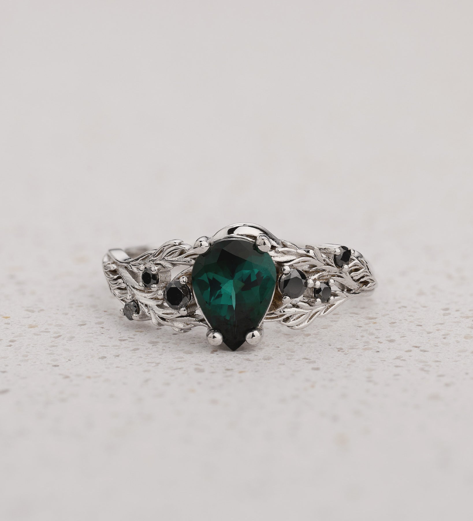 READY TO SHIP Japanese Maple Engagement Ring with Pear-Cut Indicolite Tourmaline and Side Black Diamonds, 14K white gold, RING SIZES 5.5 - 8.5 US - Eden Garden Jewelry™