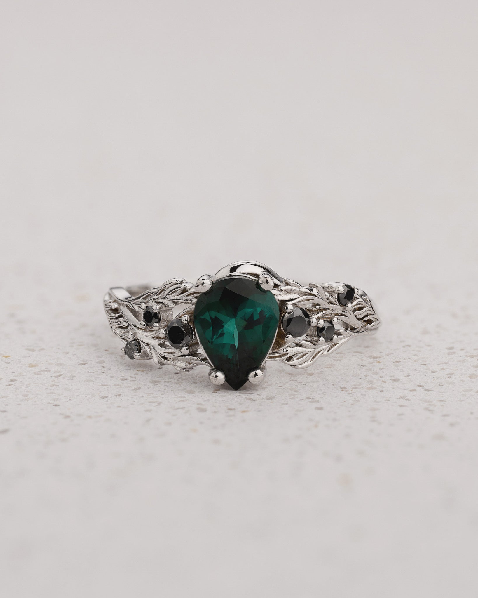 READY TO SHIP Japanese Maple Engagement Ring with Pear-Cut Indicolite Tourmaline and Side Black Diamonds, 14K white gold, RING SIZES 5.5 - 8.5 US - Eden Garden Jewelry™