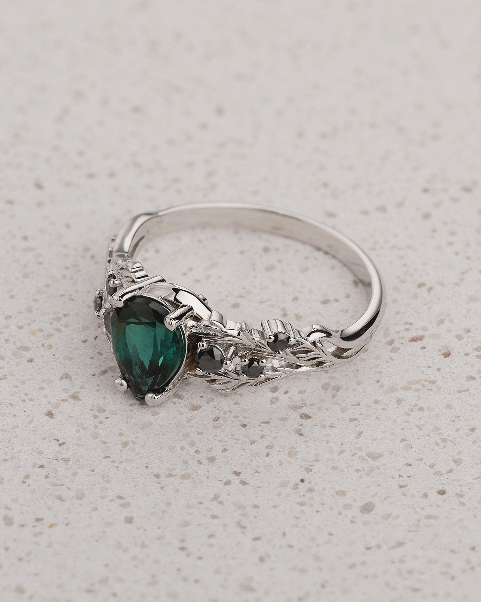 READY TO SHIP Japanese Maple Engagement Ring with Pear-Cut Indicolite Tourmaline and Side Black Diamonds, 14K white gold, RING SIZES 5.5 - 8.5 US - Eden Garden Jewelry™
