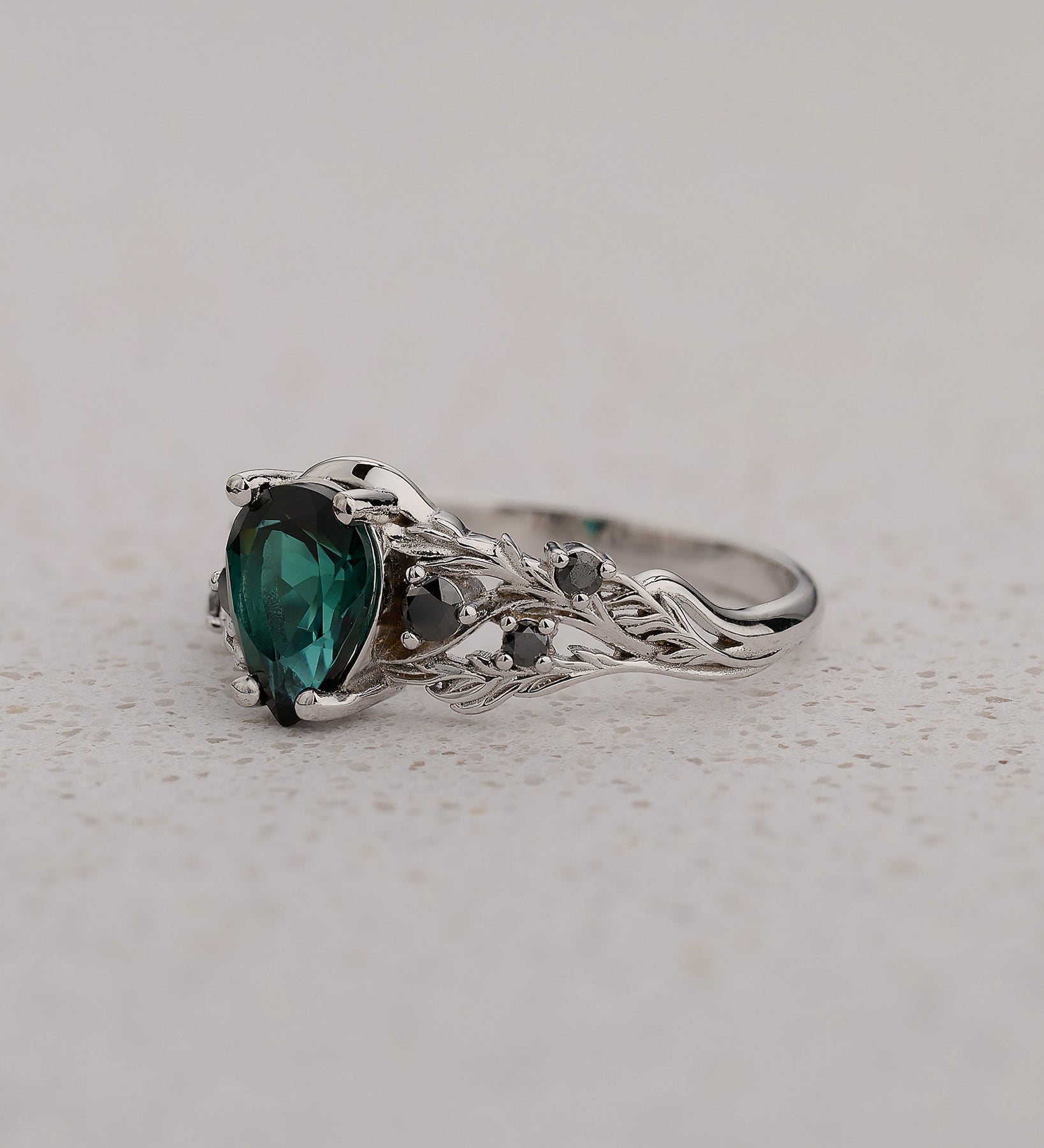READY TO SHIP Japanese Maple Engagement Ring with Pear-Cut Indicolite Tourmaline and Side Black Diamonds, 14K white gold, RING SIZES 5.5 - 8.5 US - Eden Garden Jewelry™