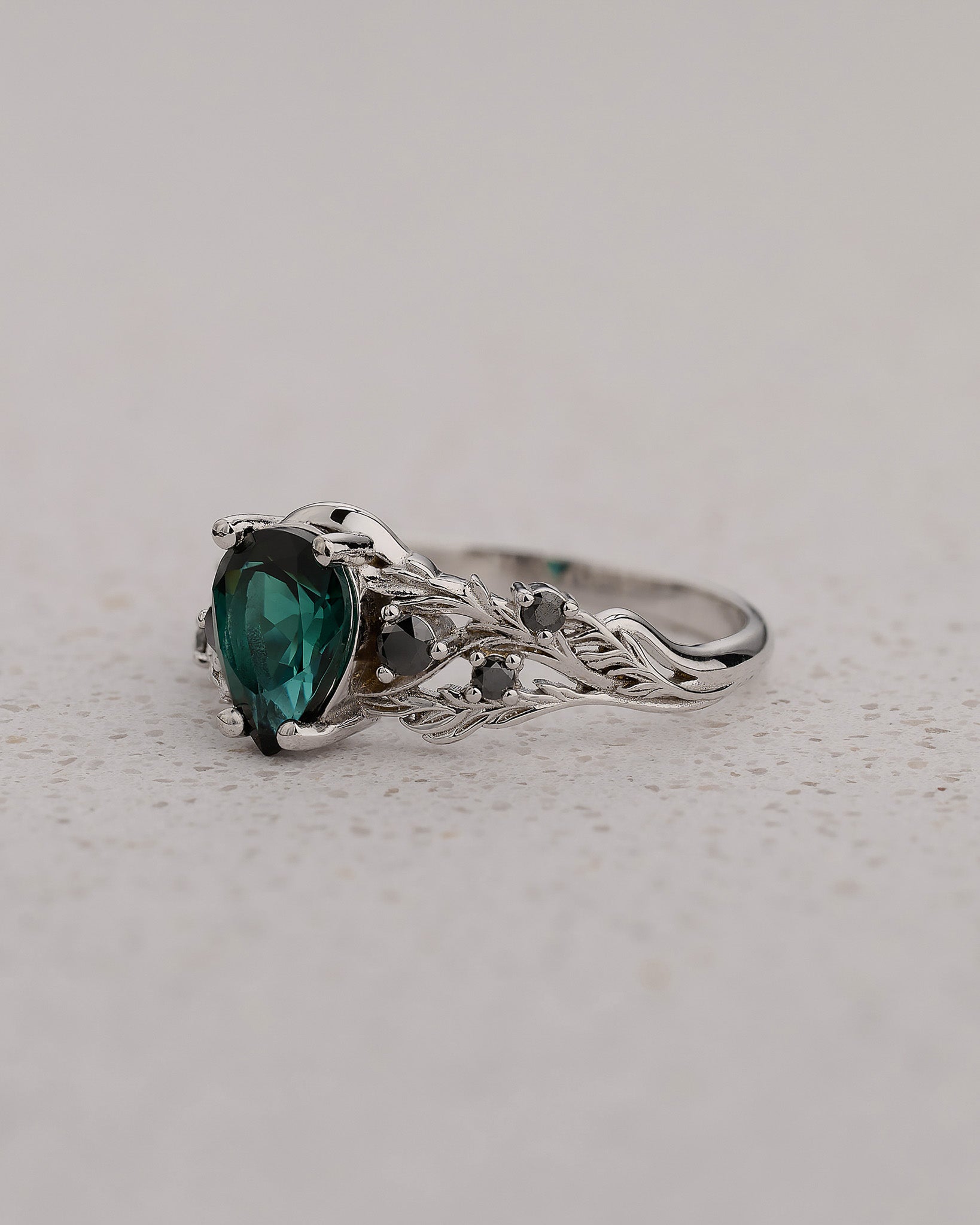 READY TO SHIP Japanese Maple Engagement Ring with Pear-Cut Indicolite Tourmaline and Side Black Diamonds, 14K white gold, RING SIZES 5.5 - 8.5 US - Eden Garden Jewelry™