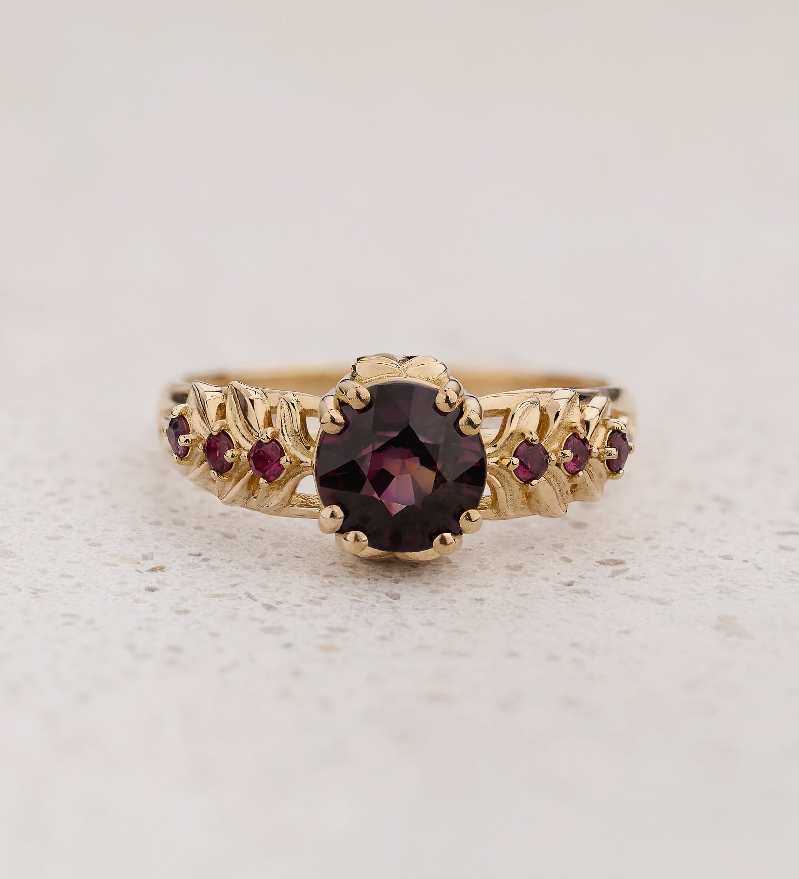 READY TO SHIP Silvestra Engagement Ring with Round Purplish Pink Sapphire, 14K yellow gold, RING SIZES 5.5 - 8.5 US - Eden Garden Jewelry™