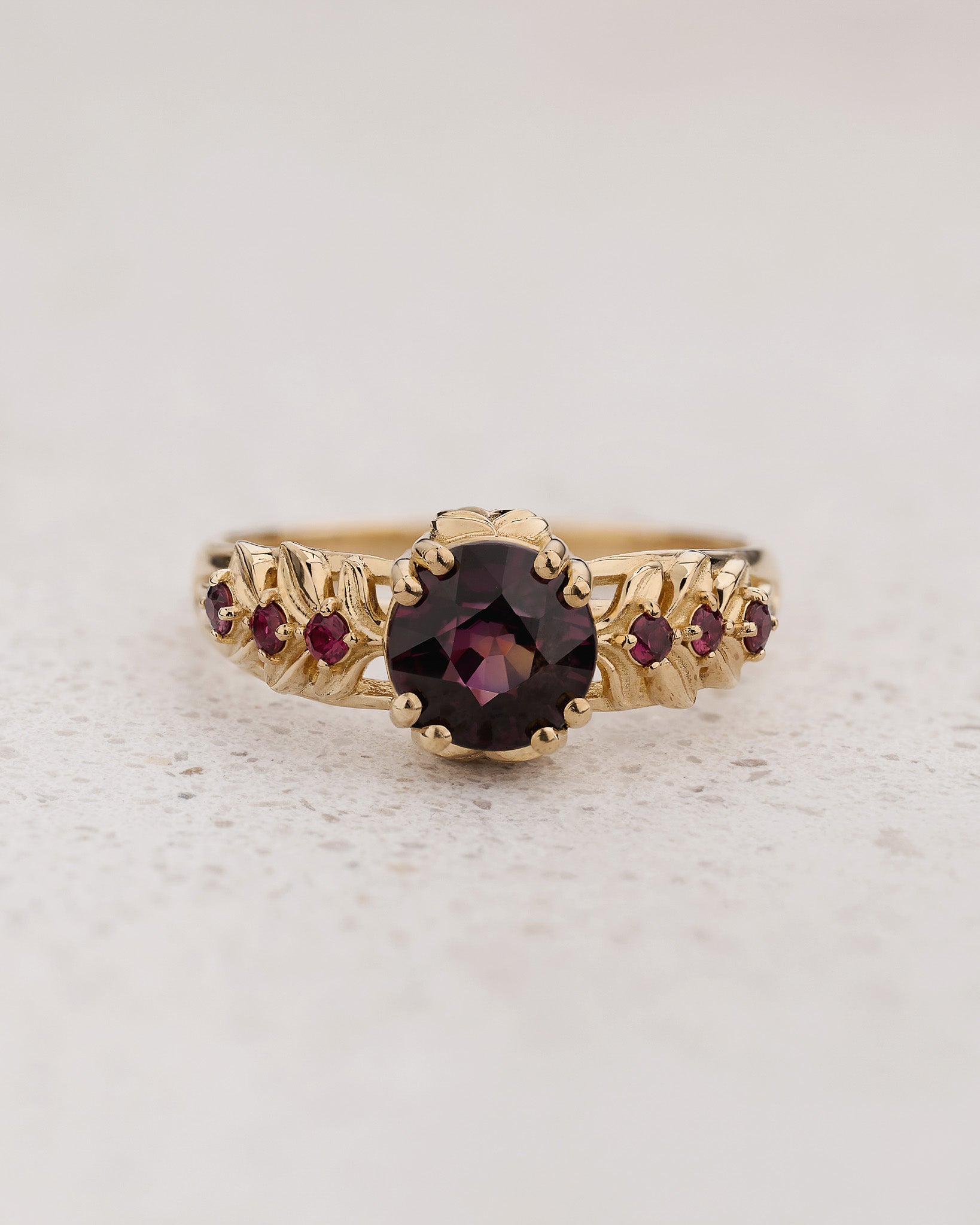 READY TO SHIP Silvestra Engagement Ring with Round Purplish Pink Sapphire, 14K yellow gold, RING SIZES 5.5 - 8.5 US - Eden Garden Jewelry™