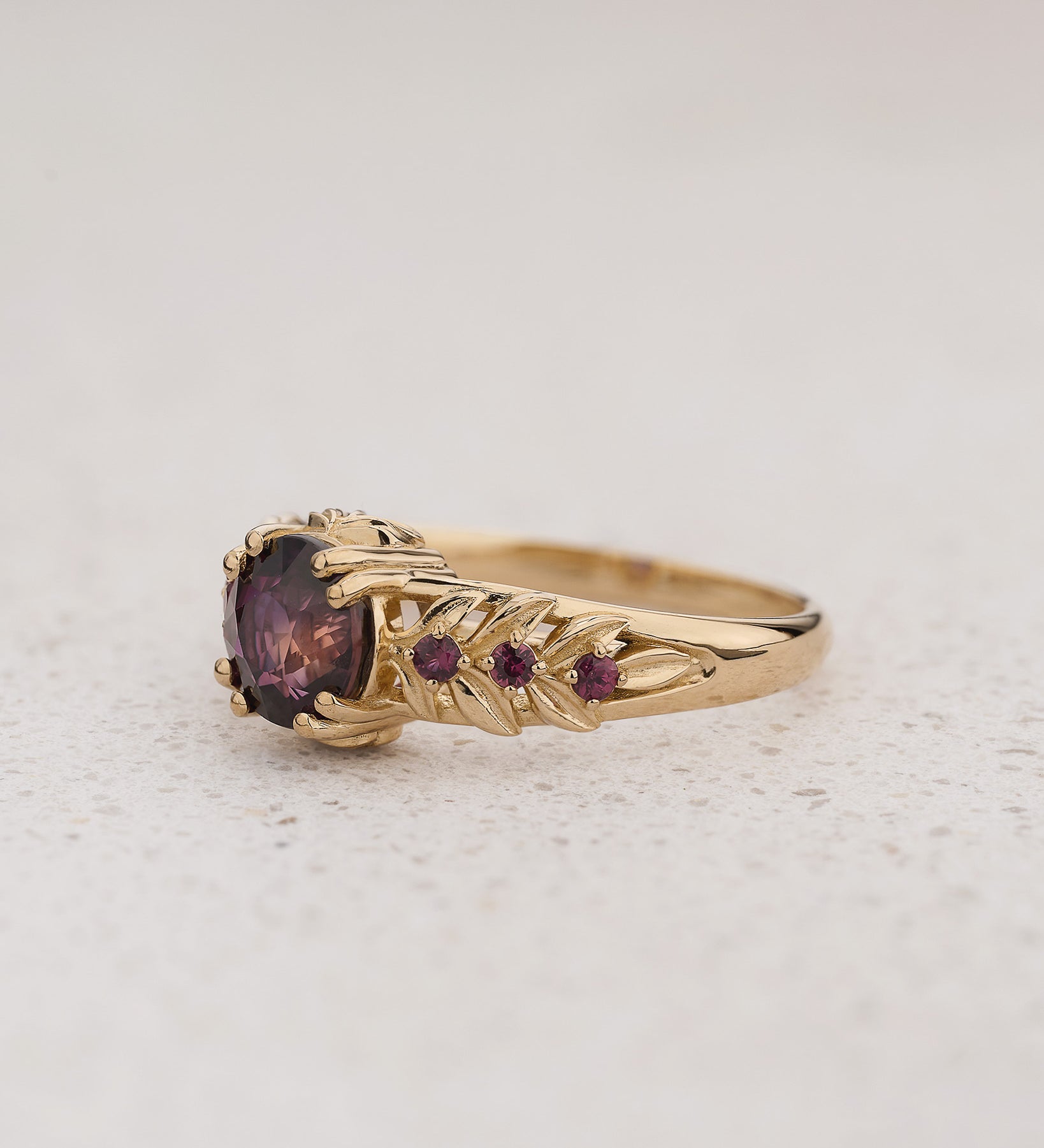 READY TO SHIP Silvestra Engagement Ring with Round Purplish Pink Sapphire, 14K yellow gold, RING SIZES 5.5 - 8.5 US - Eden Garden Jewelry™