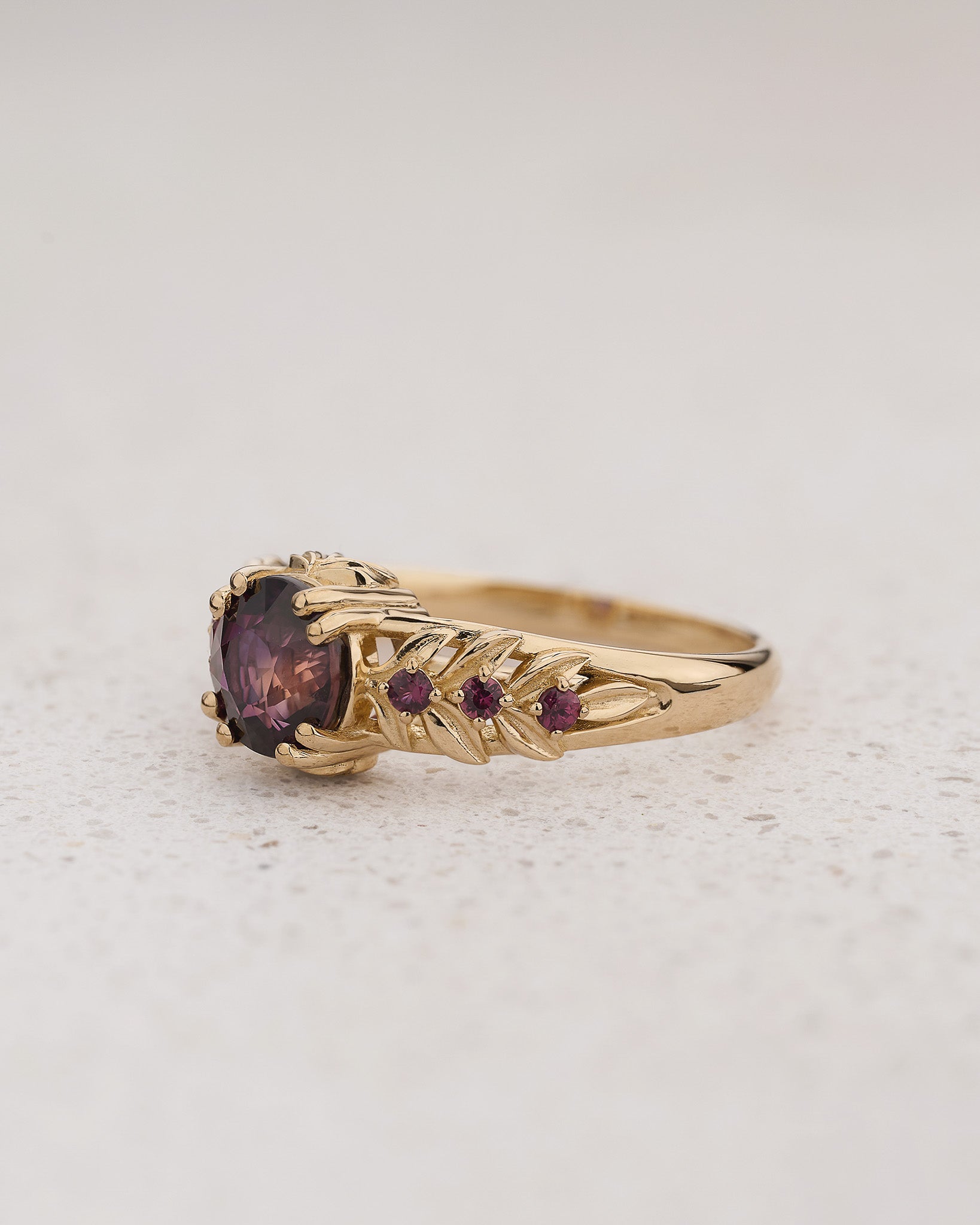 READY TO SHIP Silvestra Engagement Ring with Round Purplish Pink Sapphire, 14K yellow gold, RING SIZES 5.5 - 8.5 US - Eden Garden Jewelry™