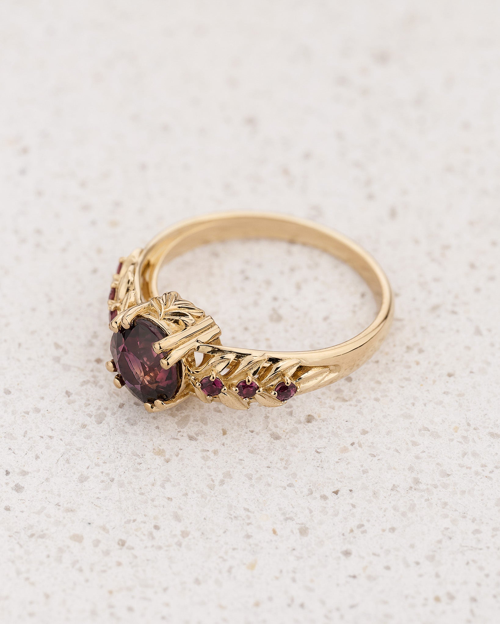 READY TO SHIP Silvestra Engagement Ring with Round Purplish Pink Sapphire, 14K yellow gold, RING SIZES 5.5 - 8.5 US - Eden Garden Jewelry™