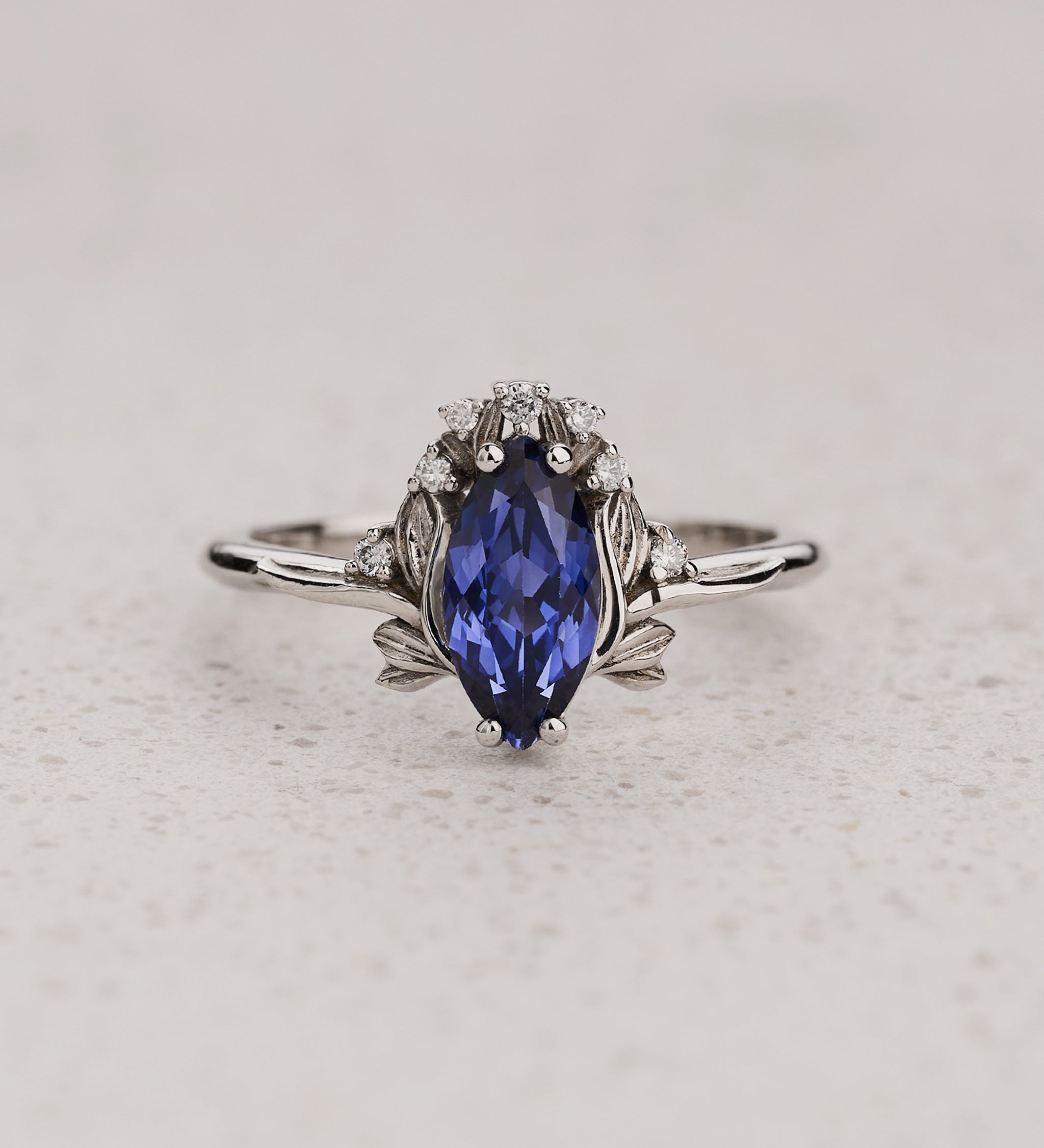 Engagement Ring with Marquise Blue Sapphire (Lab-Grown) in Flower style / Iris - Eden Garden Jewelry™