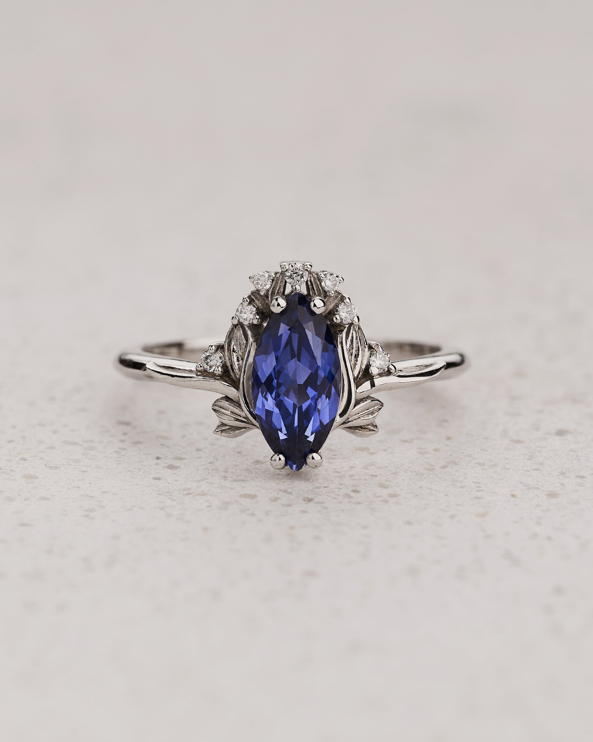 Engagement Ring with Marquise Blue Sapphire (Lab-Grown) in Flower style / Iris - Eden Garden Jewelry™