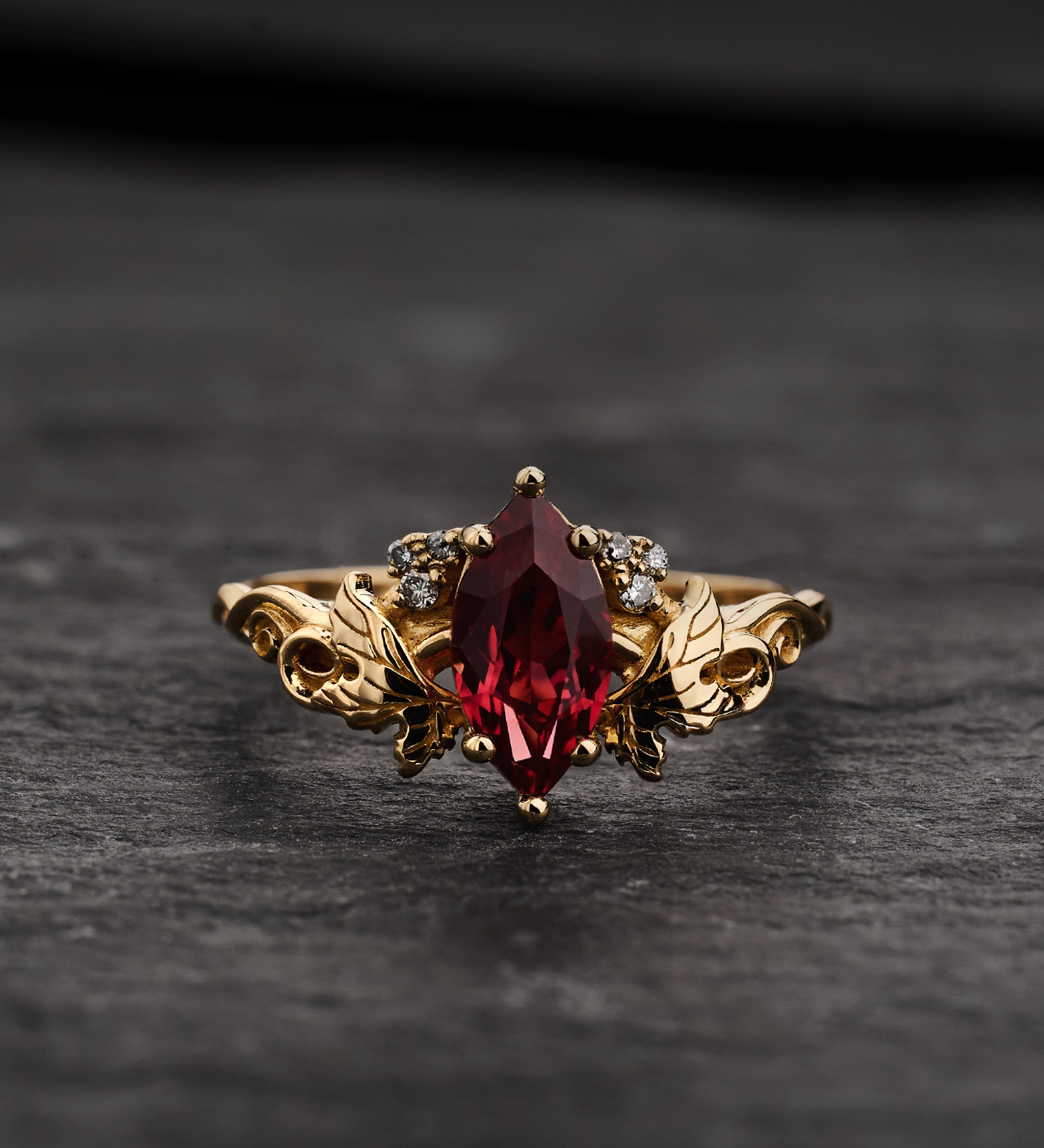 Engagement Ring with Marquise Orange Padparadscha Sapphire (Lab-Grown) in Nature Style / Vineyard - Eden Garden Jewelry™