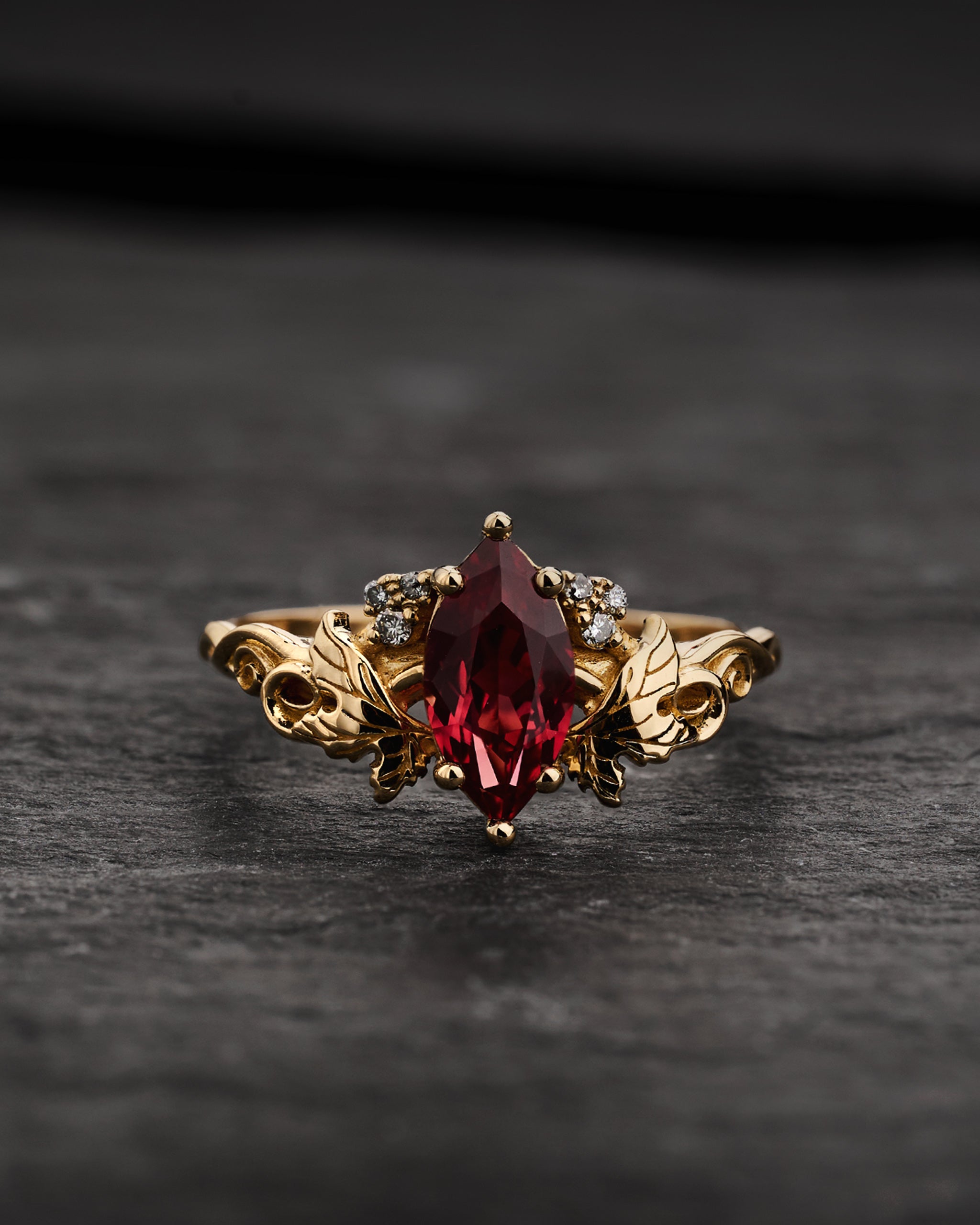 Engagement Ring with Marquise Orange Padparadscha Sapphire (Lab-Grown) in Nature Style / Vineyard - Eden Garden Jewelry™