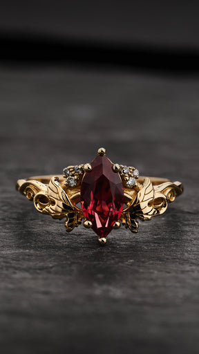 Engagement Ring with Marquise Orange Padparadscha Sapphire (Lab-Grown) in Nature Style / Vineyard - Eden Garden Jewelry™