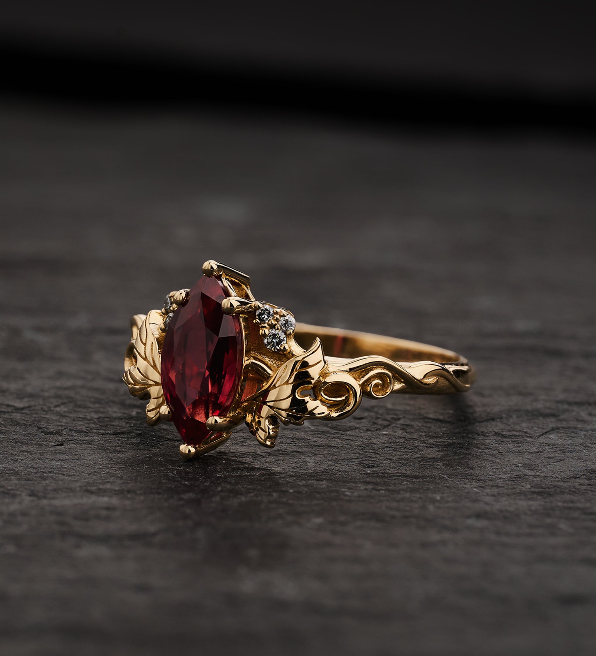 Engagement Ring with Marquise Orange Padparadscha Sapphire (Lab-Grown) in Nature Style / Vineyard - Eden Garden Jewelry™
